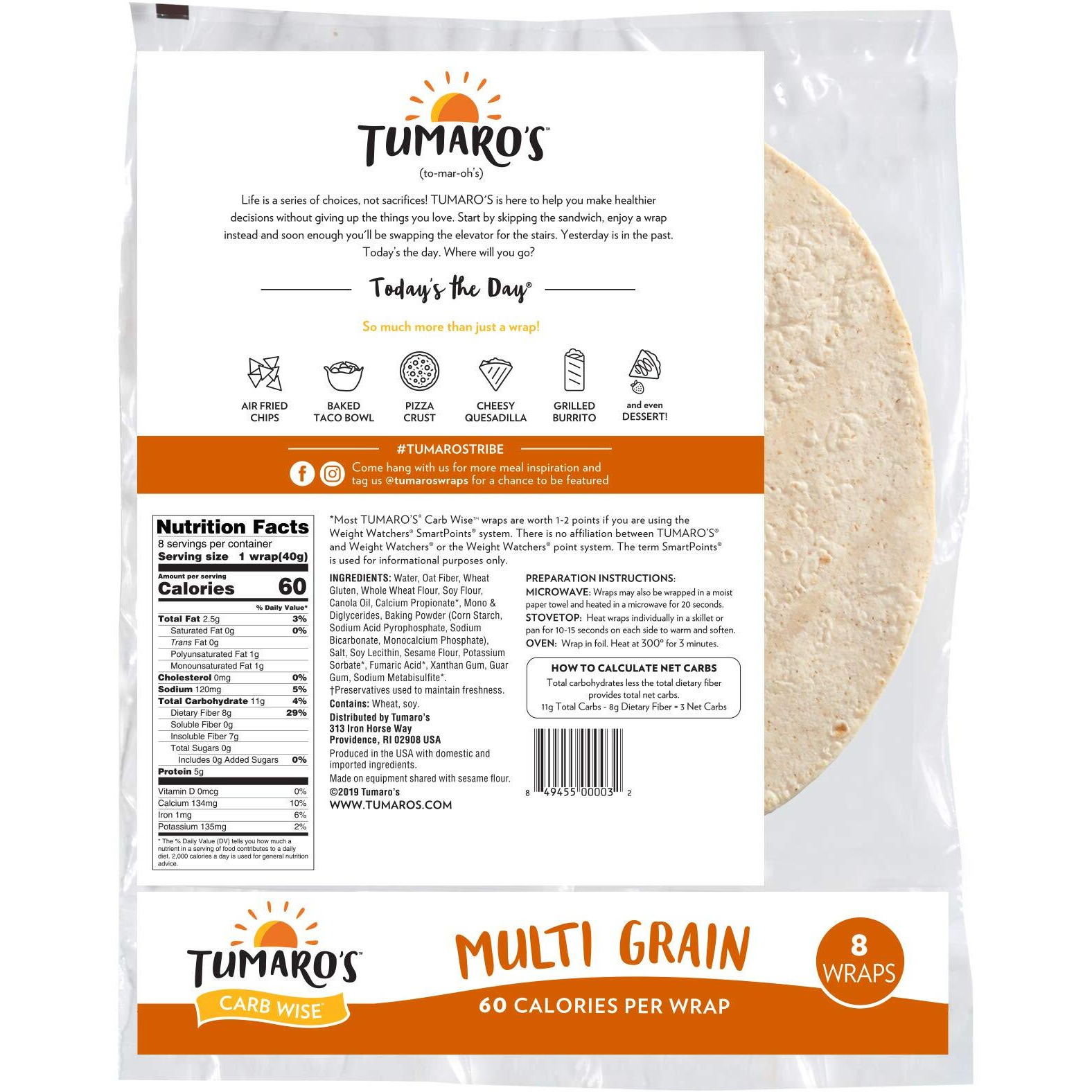 Tumaro's 8"" Carbwise Wraps - Multigrain - 8 Count - Case Of 6