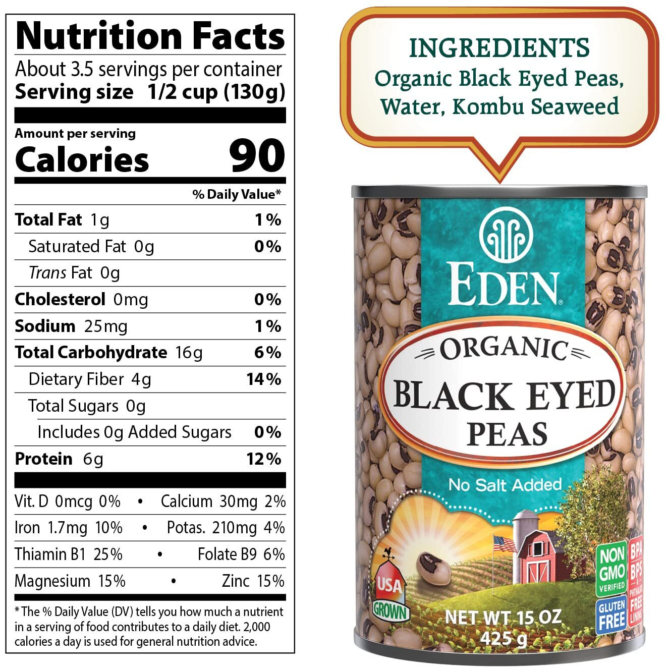 Eden Organic Black Eyed Peas, No Salt Added, 15-Ounce Cans (Pack Of 12)