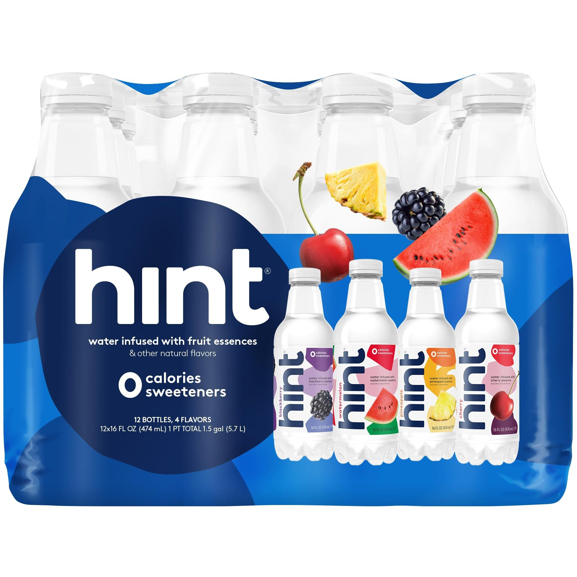 Hint Water Best Sellers Pack, 3 Bottles Each Of Watermelon, Blackberry, Cherry, And Pineapple, Zero Calories, Zero Sugar And Zero Sweeteners, 16 Fl Oz (Pack Of 12)