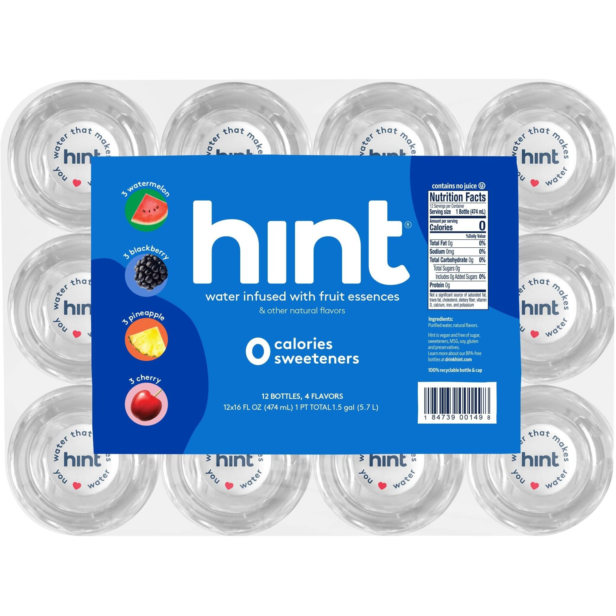 Hint Water Best Sellers Pack, 3 Bottles Each Of Watermelon, Blackberry, Cherry, And Pineapple, Zero Calories, Zero Sugar And Zero Sweeteners, 16 Fl Oz (Pack Of 12)