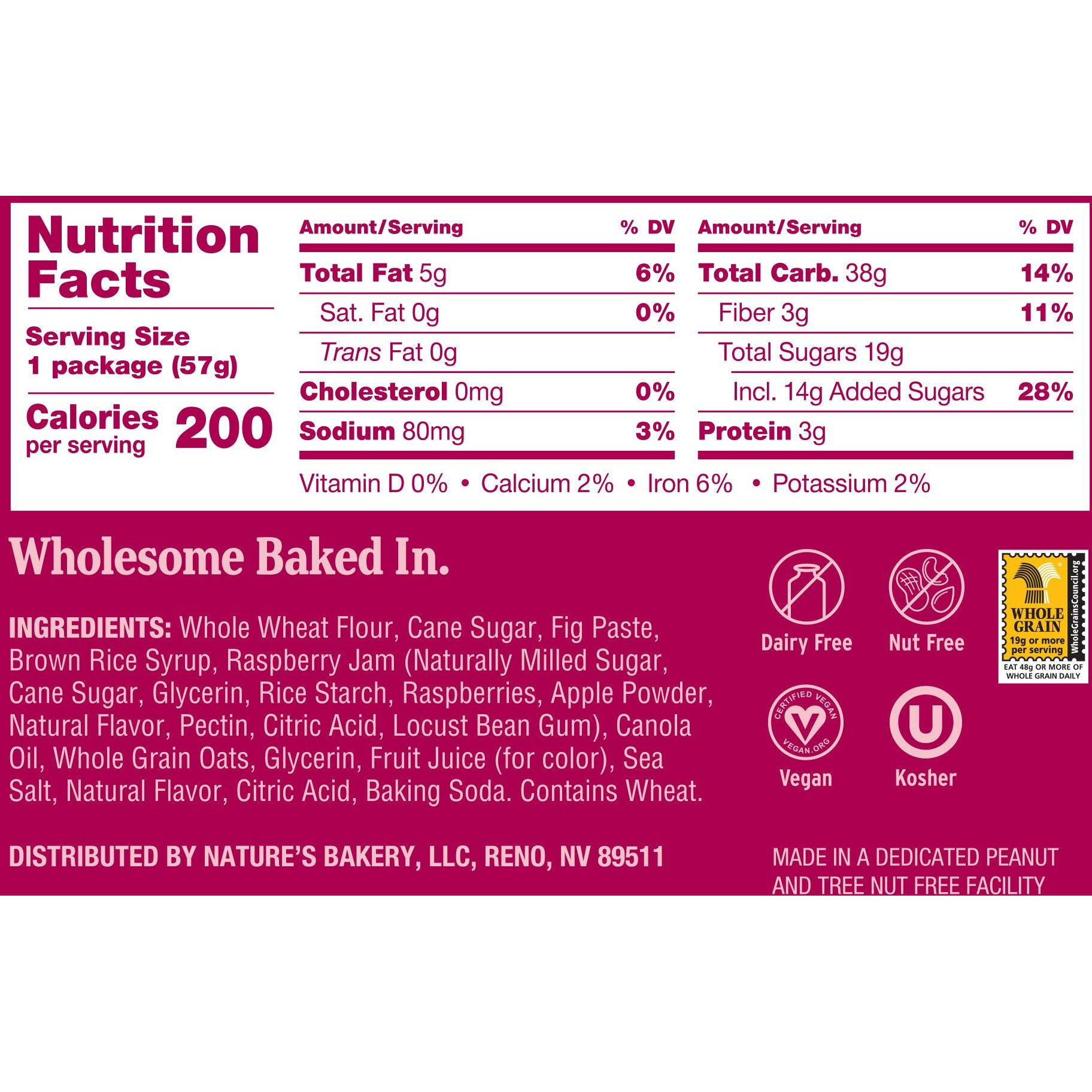 Natures Bakery Whole Wheat Fig Bars, Raspberry, Real Fruit, Vegan, Non-Gmo, Snack Bar, 1 Box With 12 Twin Packs (12 Twin Packs)