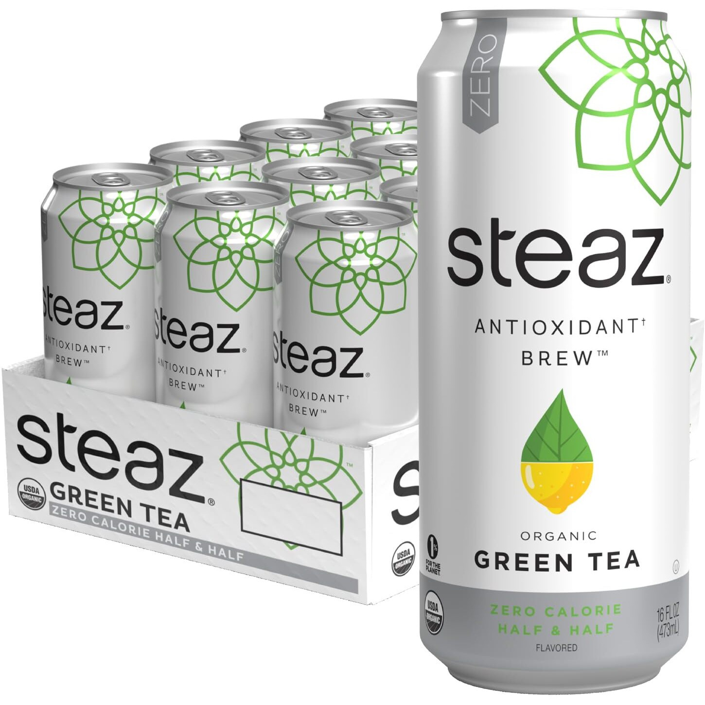 Steaz - Organic Green Tea - Zero Calorie Half & Half (12 Pack) - Antioxidant Brew - 65Mg Natural Caffeine, Vitamin C - Stevia Sweetened Iced Tea - Vegan, Fair Trade - 12 Cans, 16 Fl Oz (473Ml)