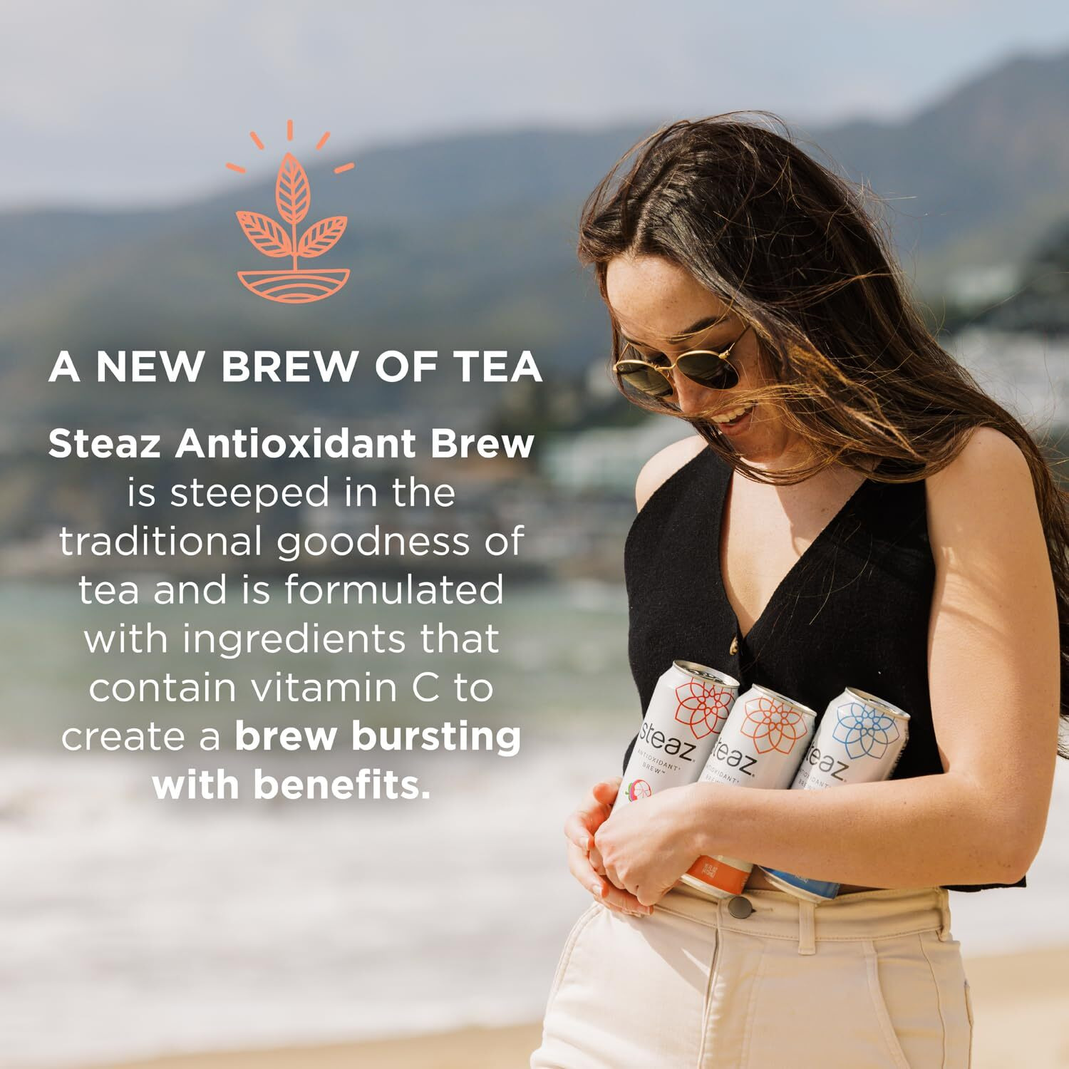 Steaz - Organic Green Tea - Zero Calorie Half & Half (12 Pack) - Antioxidant Brew - 65Mg Natural Caffeine, Vitamin C - Stevia Sweetened Iced Tea - Vegan, Fair Trade - 12 Cans, 16 Fl Oz (473Ml)