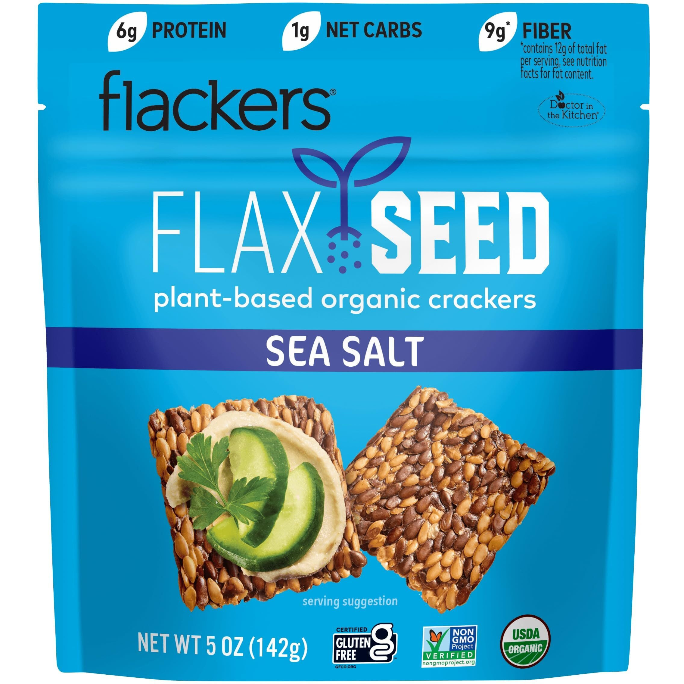Flackers Organic Sea Salt Flaxseed Crackers, Gluten Free, Non Gmo, Vegan, Keto Snack, 9G Fiber, 1G Net Carb, 5 Ounce 1-Pack