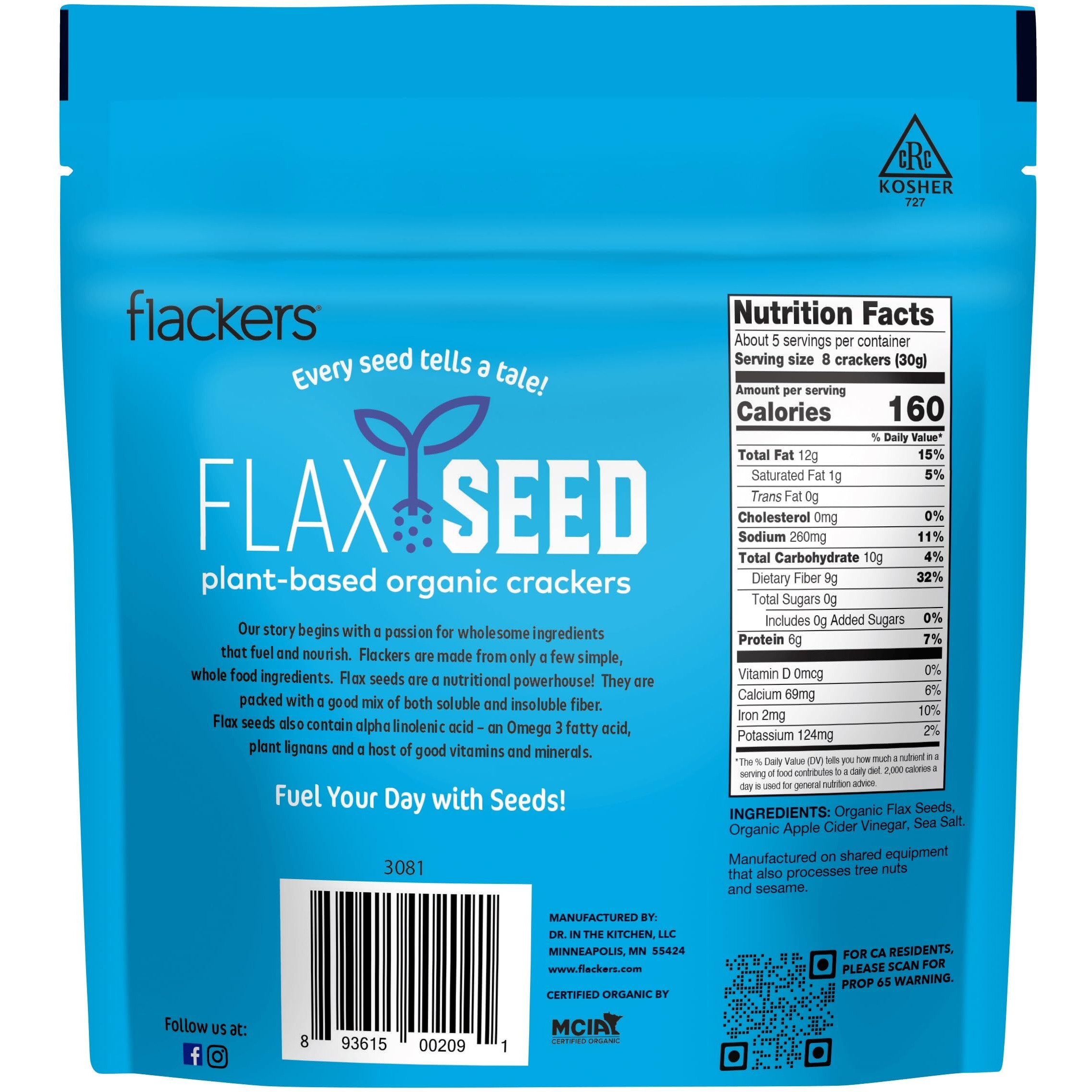 Flackers Organic Sea Salt Flaxseed Crackers, Gluten Free, Non Gmo, Vegan, Keto Snack, 9G Fiber, 1G Net Carb, 5 Ounce 1-Pack