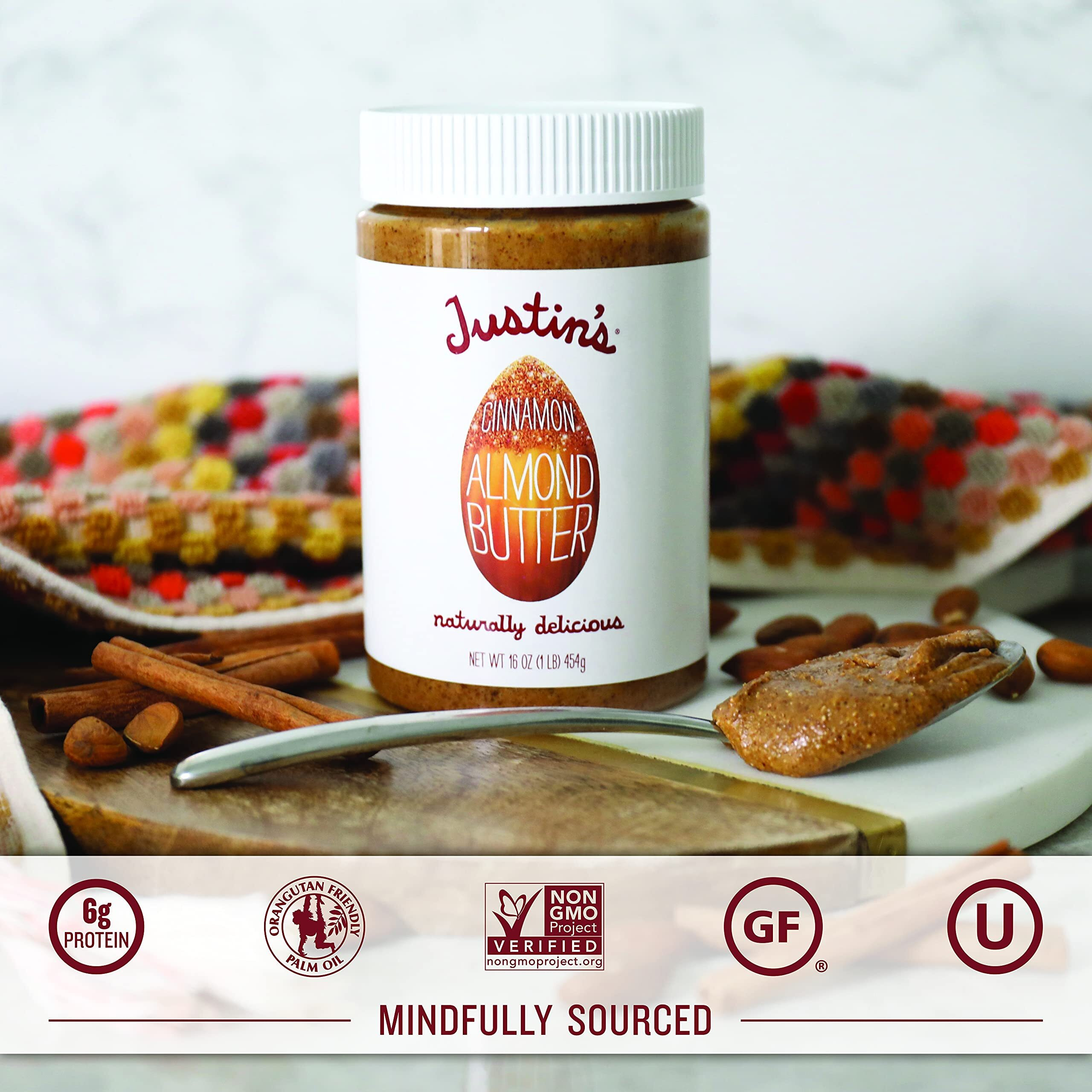 Justin's Cinnamon Almond Butter, No Stir, Gluten-Free, Non-Gmo, Responsibly Sourced, 16 Ounce Jar