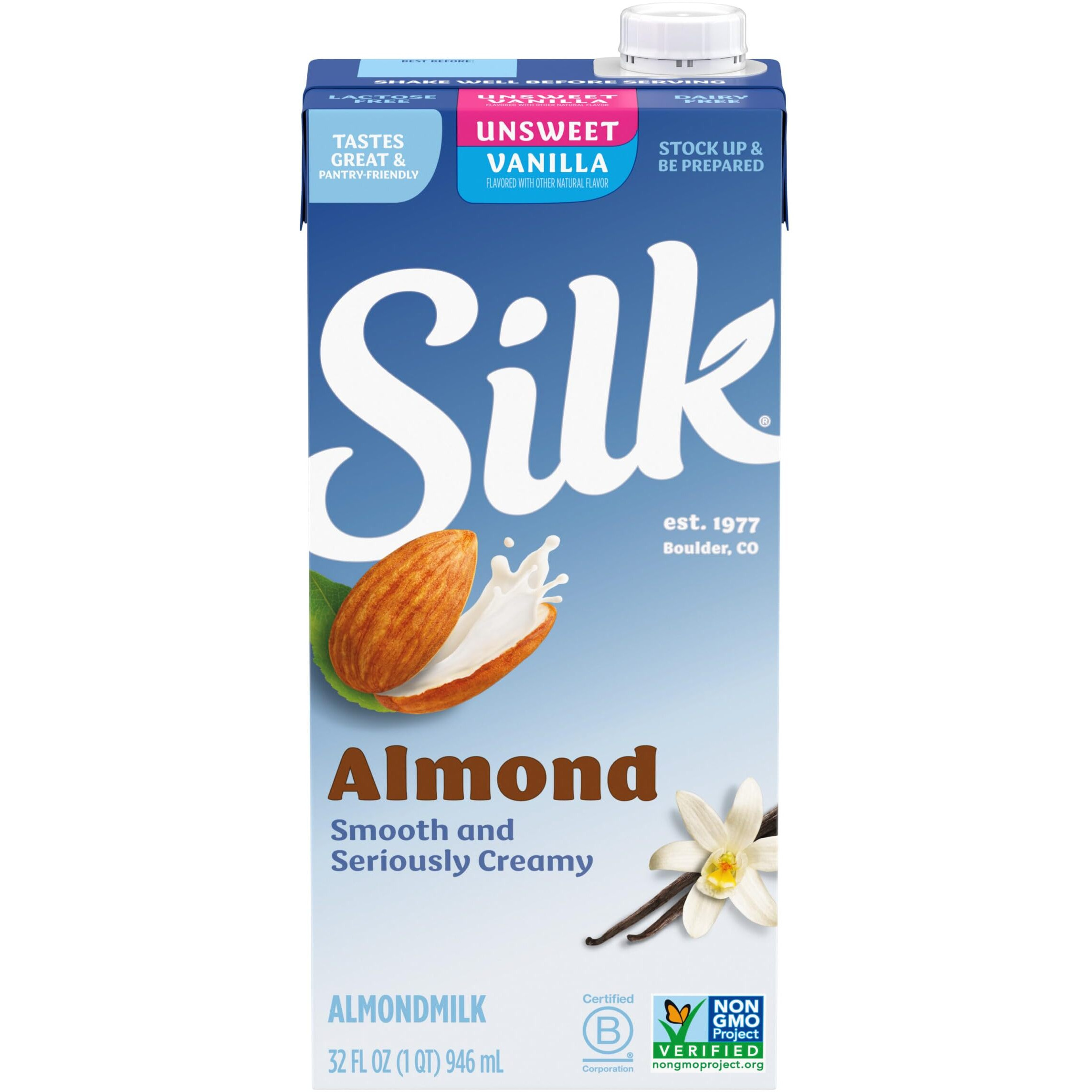Silk Shelf-Stable Almondmilk, Unsweetened Vanilla, Dairy-Free, Vegan, Non-Gmo Project Verified, 1 Quart