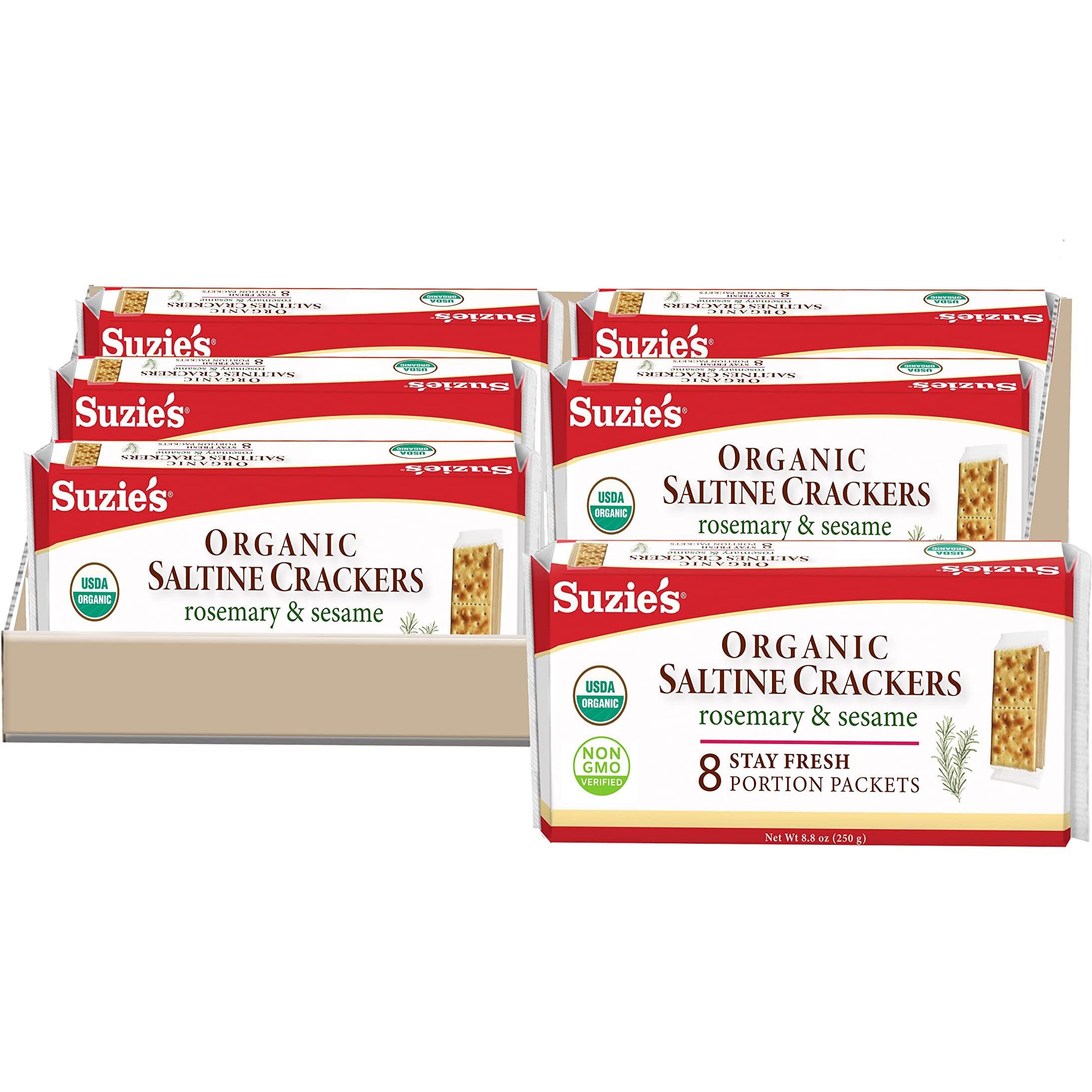 Suzie's Organic Saltines Crackers, Rosemary Sesame, Healthy Gourmet Baked Snack Goodies For Adults & Children - 6 Pack, 8.8Oz Each