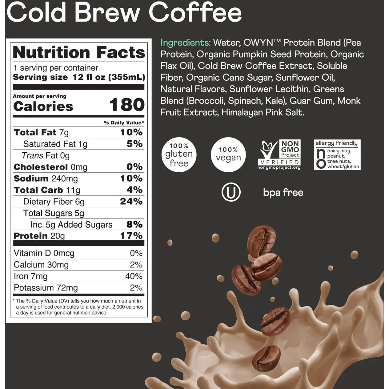 Owyn 100% Vegan Plant-Based Protein Shakes | Cold Brew Coffee, 12 Fl Oz | Dairy-Free, Gluten-Free, Soy-Free, Tree Nut-Free, Egg-Free, Allergy-Free, Vegetarian