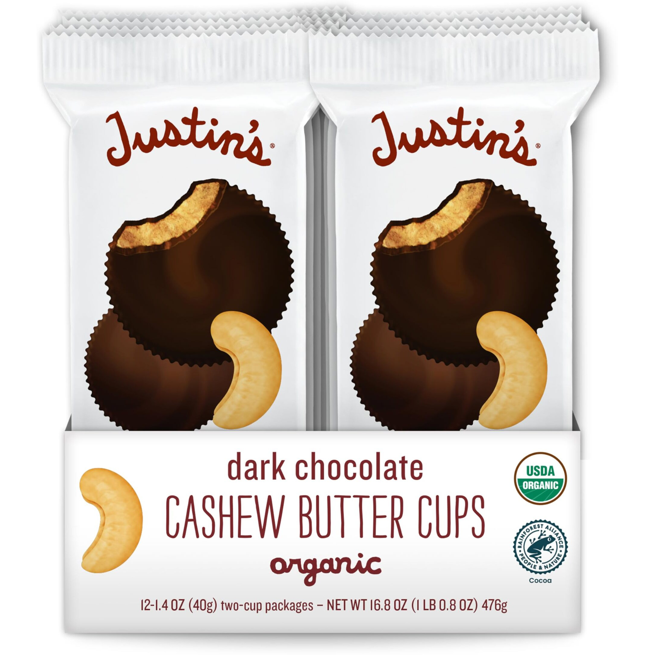 Justin's Organic Dark Chocolate Cashew Butter Cups, Rainforest Alliance Certified Cocoa, Gluten-Free, Responsibly Sourcd, 1.4 Ounce (Pack Of 12)