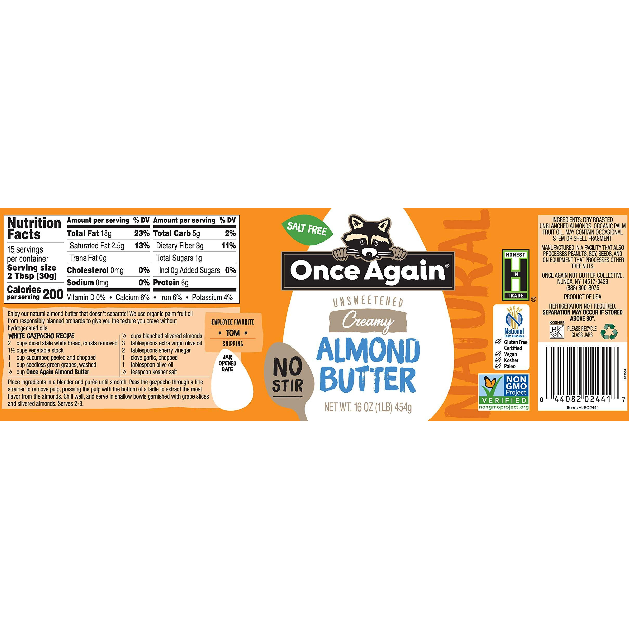 Once Again Natural Creamy Almond Butter, 16Oz - No Stir - Salt Free, Unsweetened - Gluten Free Certified, Peanut Free, Vegan, Kosher, Paleo - Glass Jar