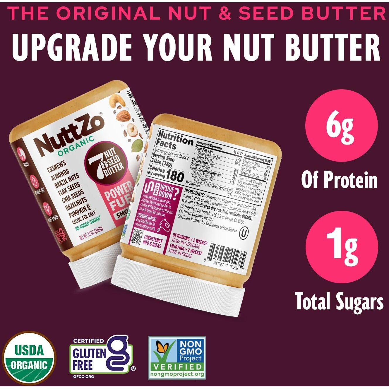 Nuttzo, Organic, Power Fuel, 7 Nut & Seed Butter, Smooth, 12 Oz (340 G)