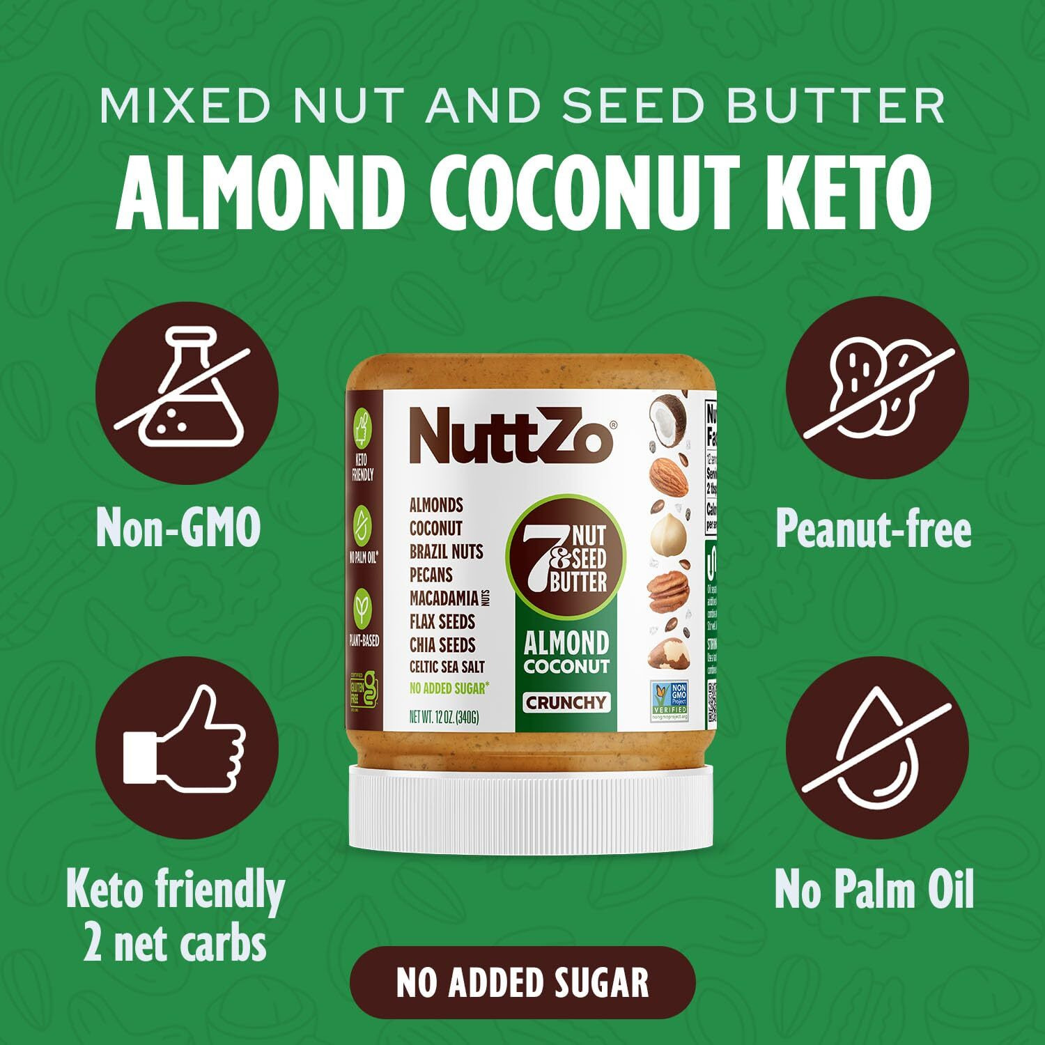 Nuttzo Keto Almond Coconut - 7 Nut And Seed Butter, Coconut, Brazil Nuts, Almonds, Pecans And More, Keto Friendly, No Added Sugar Or Oil, Non-Gmo, Gluten Free, 2G Net Carbs, Crunchy Texture, 12 Oz Jar