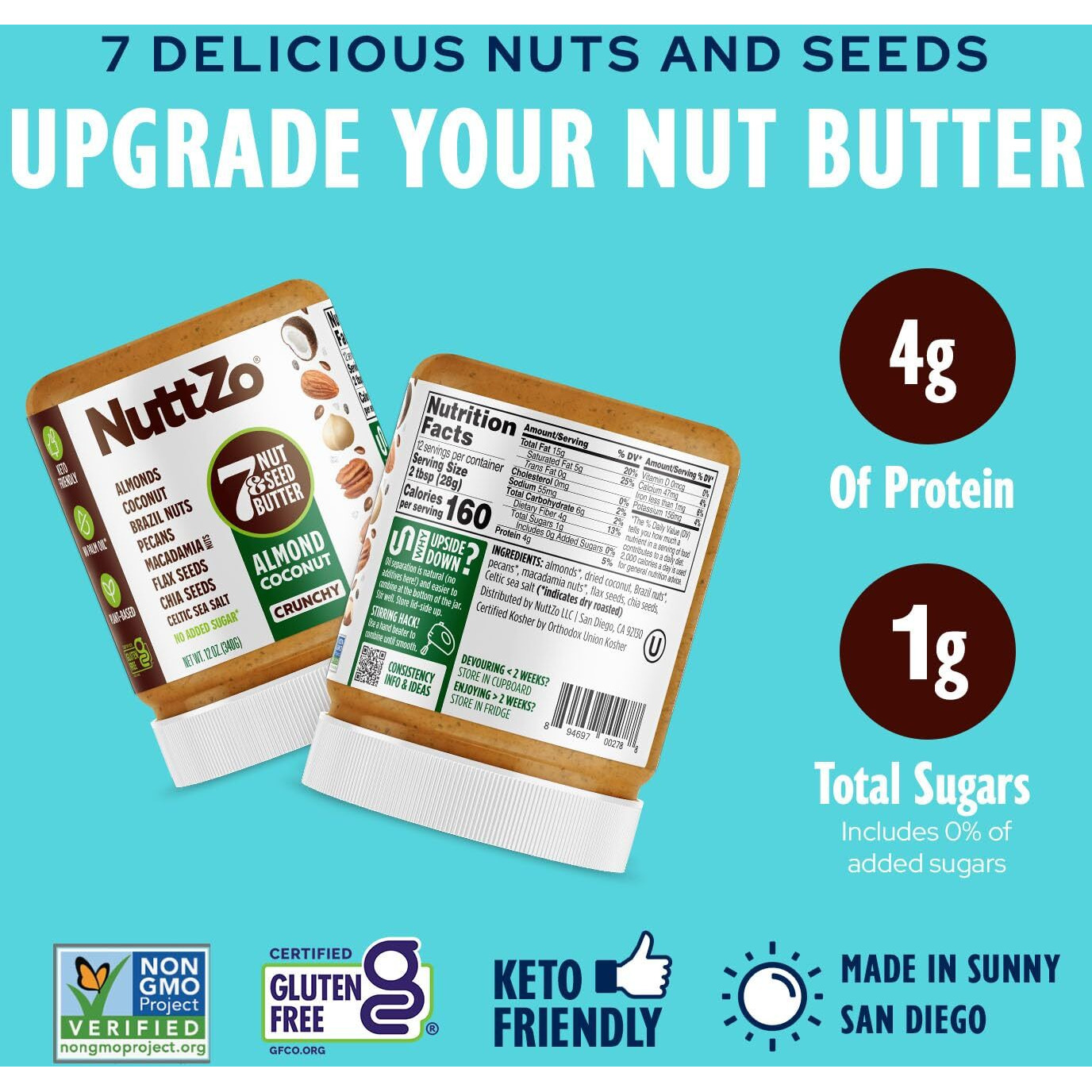 Nuttzo Keto Almond Coconut - 7 Nut And Seed Butter, Coconut, Brazil Nuts, Almonds, Pecans And More, Keto Friendly, No Added Sugar Or Oil, Non-Gmo, Gluten Free, 2G Net Carbs, Crunchy Texture, 12 Oz Jar