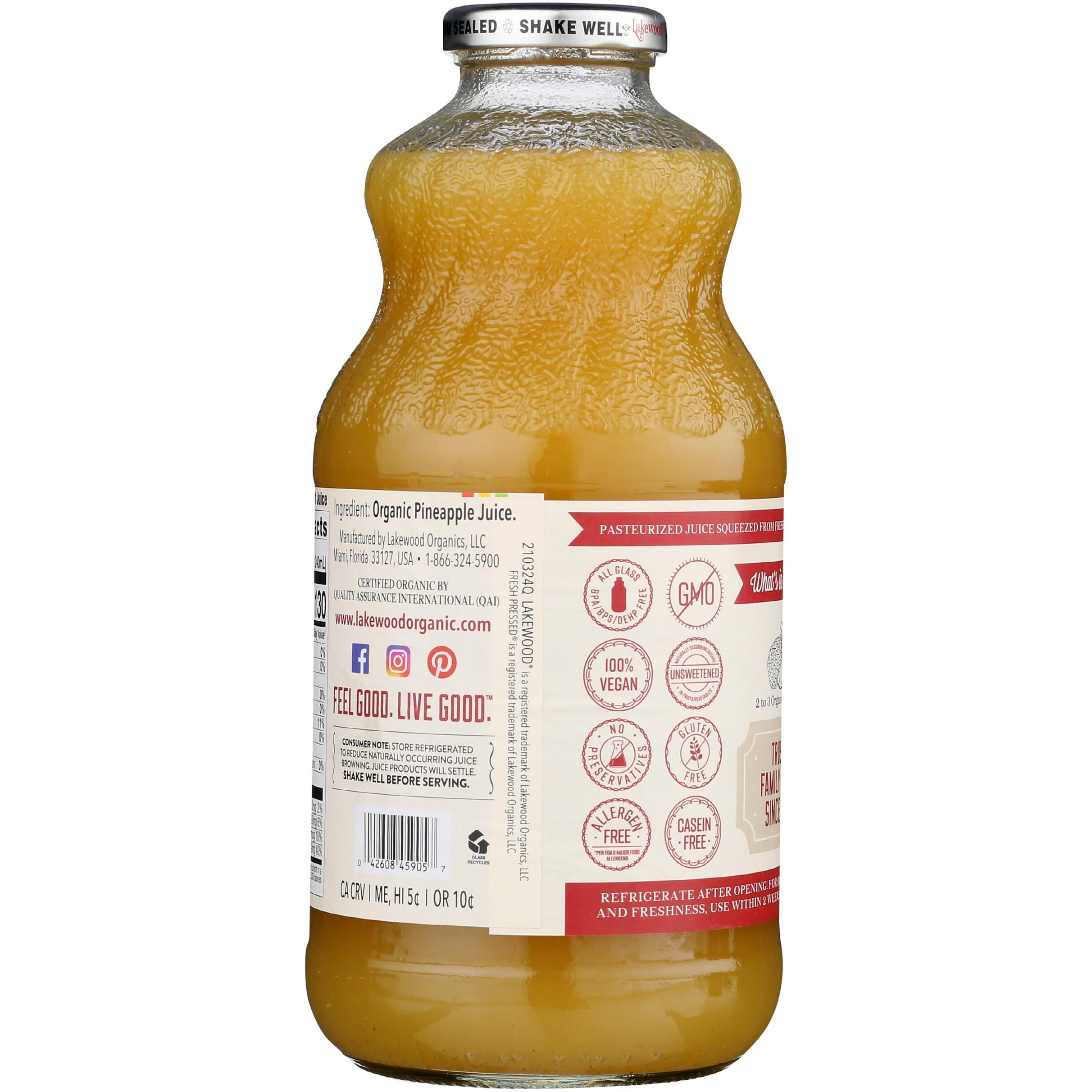 Lakewood Organic Juice, Pineapple, 32 Fl Oz Bottle