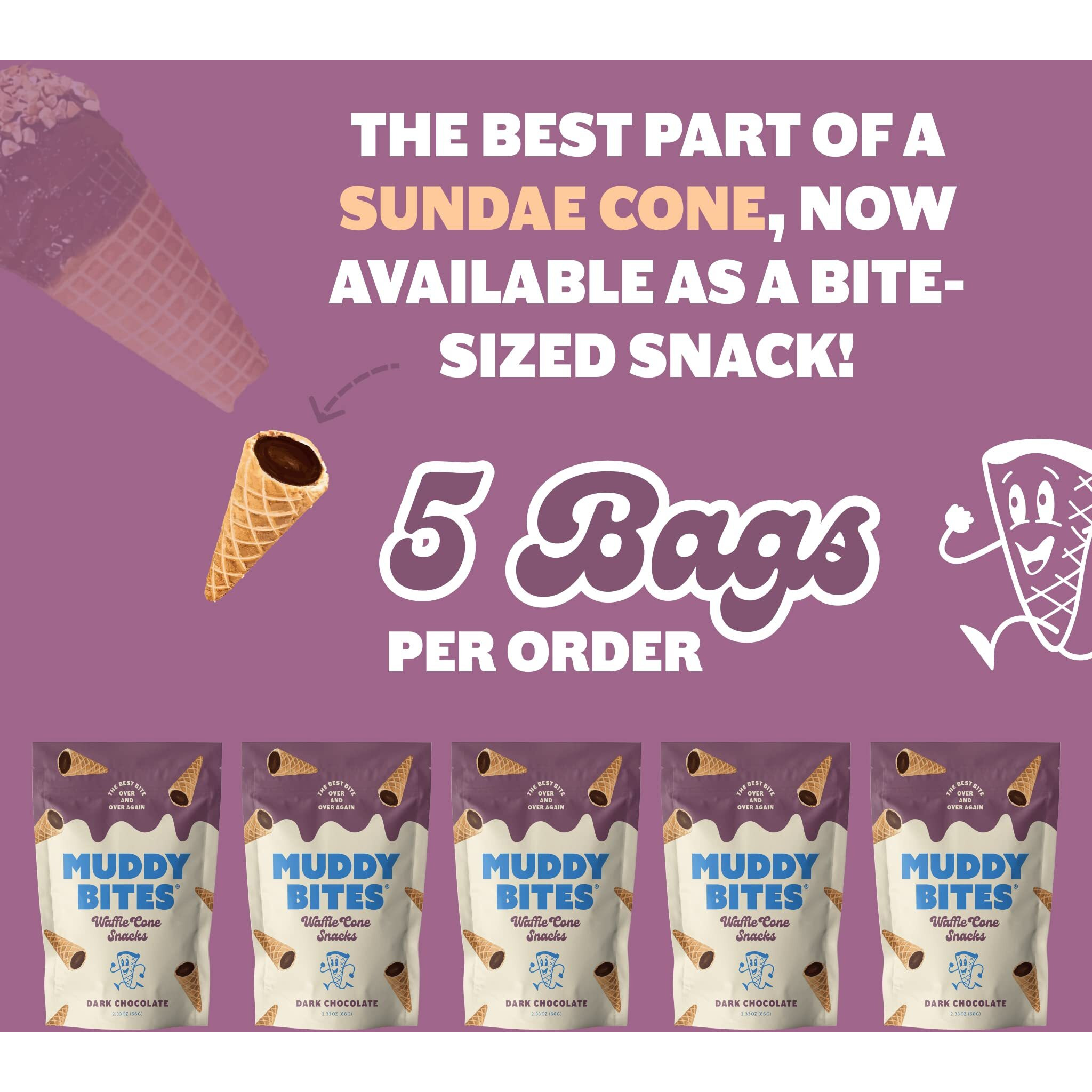 Muddy Bites Waffle Cone Snacks Bite Sized Chocolate Filled Waffle Cones For Snack Or Dessert, Ice Cream Topping, Premium Chocolate Made With Pure Cane Sugar, Non-Gmo, Kosher (Dark Chocolate, 5 Bags)