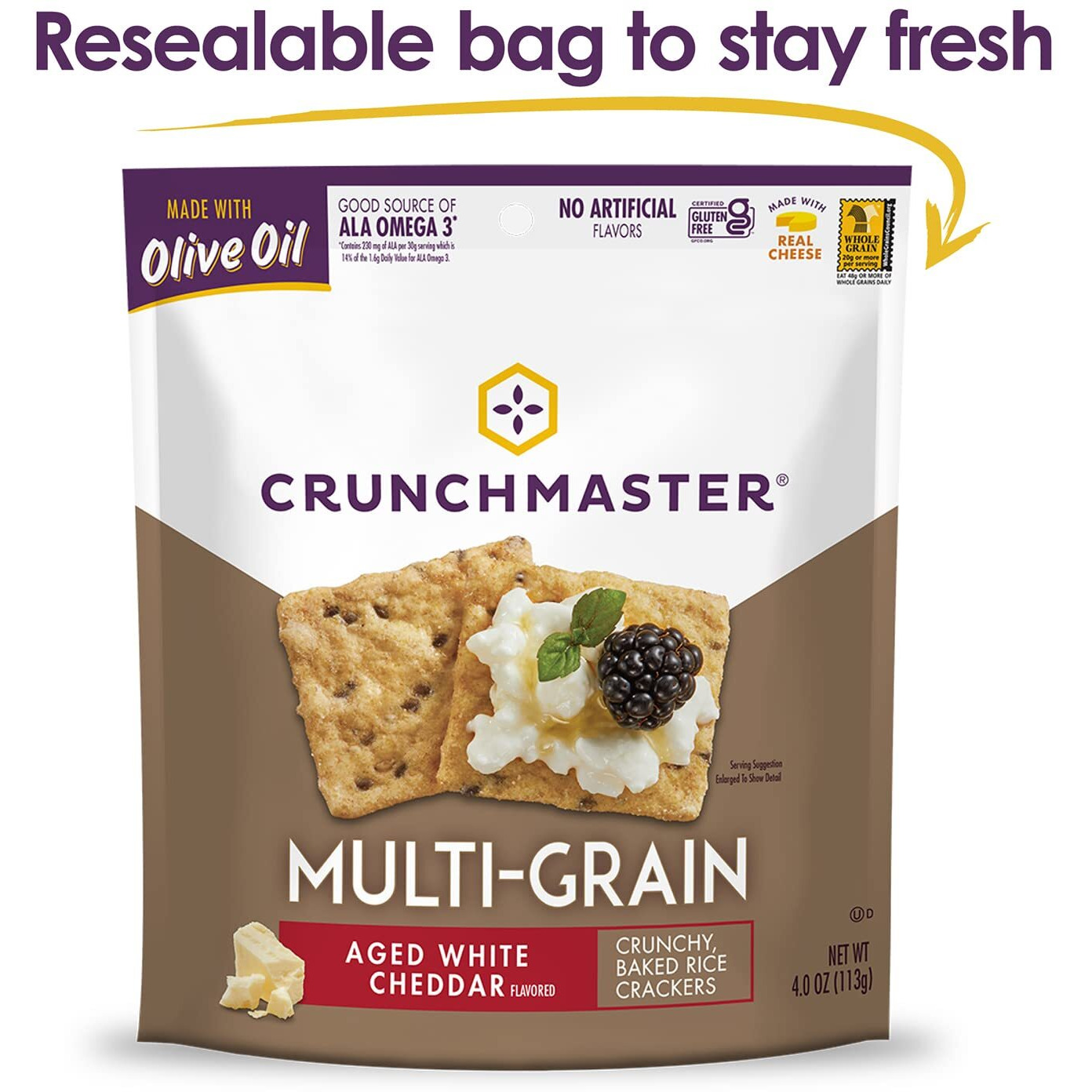 Crunchmaster Multi-Grain Crackers, Aged White Cheddar, 4 Ounce (Pack Of 12)