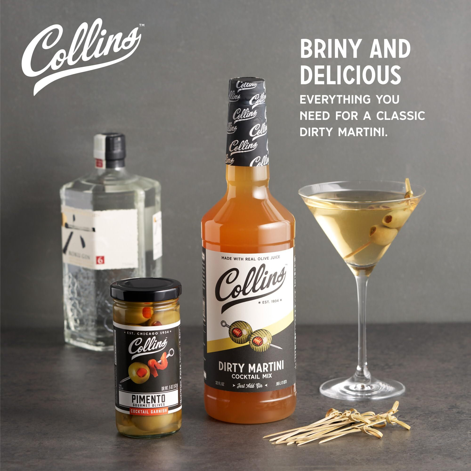 Collins Dirty Martini Kit, Gin Cocktail Mix, Stuffed Gourmet Olives, Drink Picks, Olive Brine Mixer, Set Of 3 Bar Accessories For Making Drinks