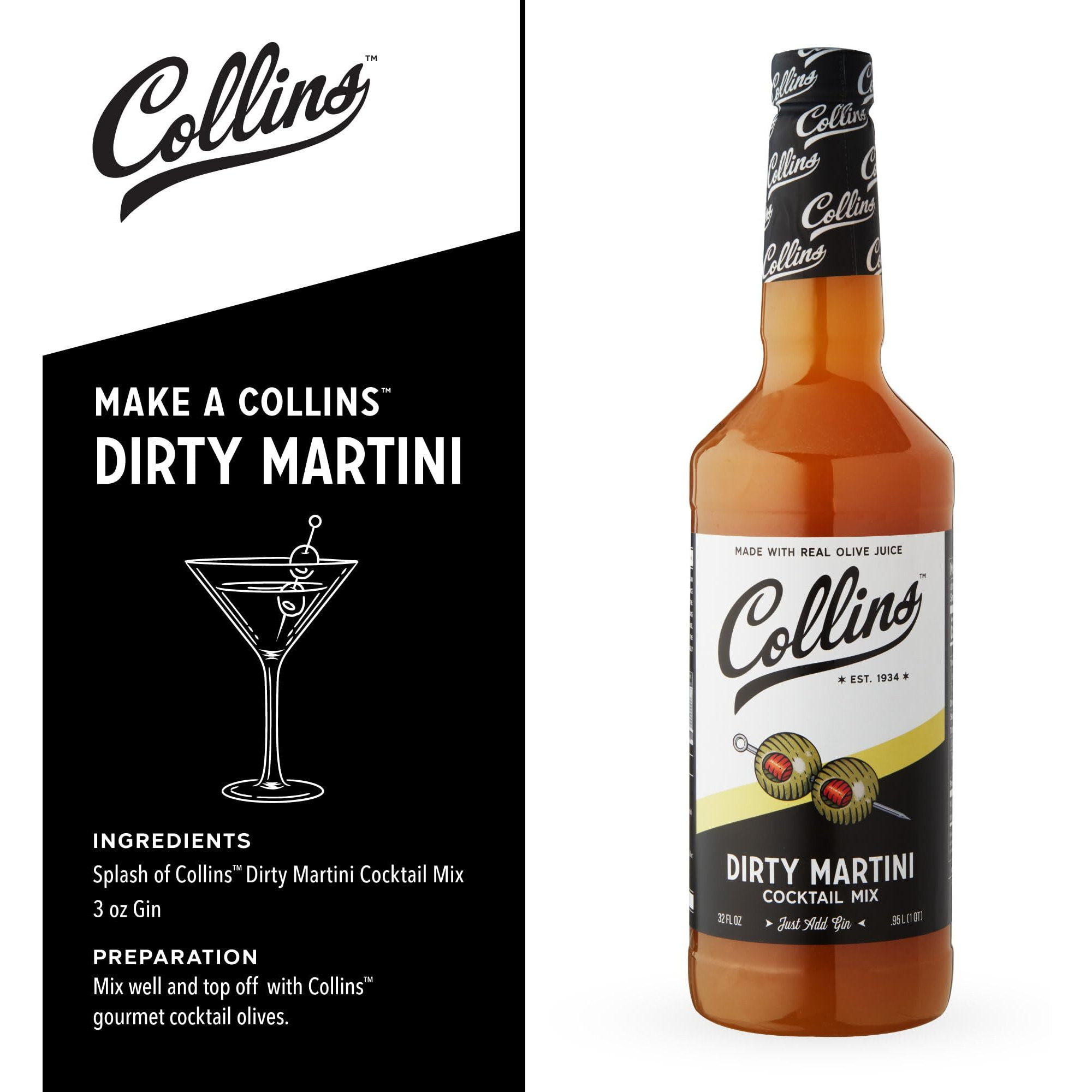 Collins Dirty Martini Kit, Gin Cocktail Mix, Stuffed Gourmet Olives, Drink Picks, Olive Brine Mixer, Set Of 3 Bar Accessories For Making Drinks