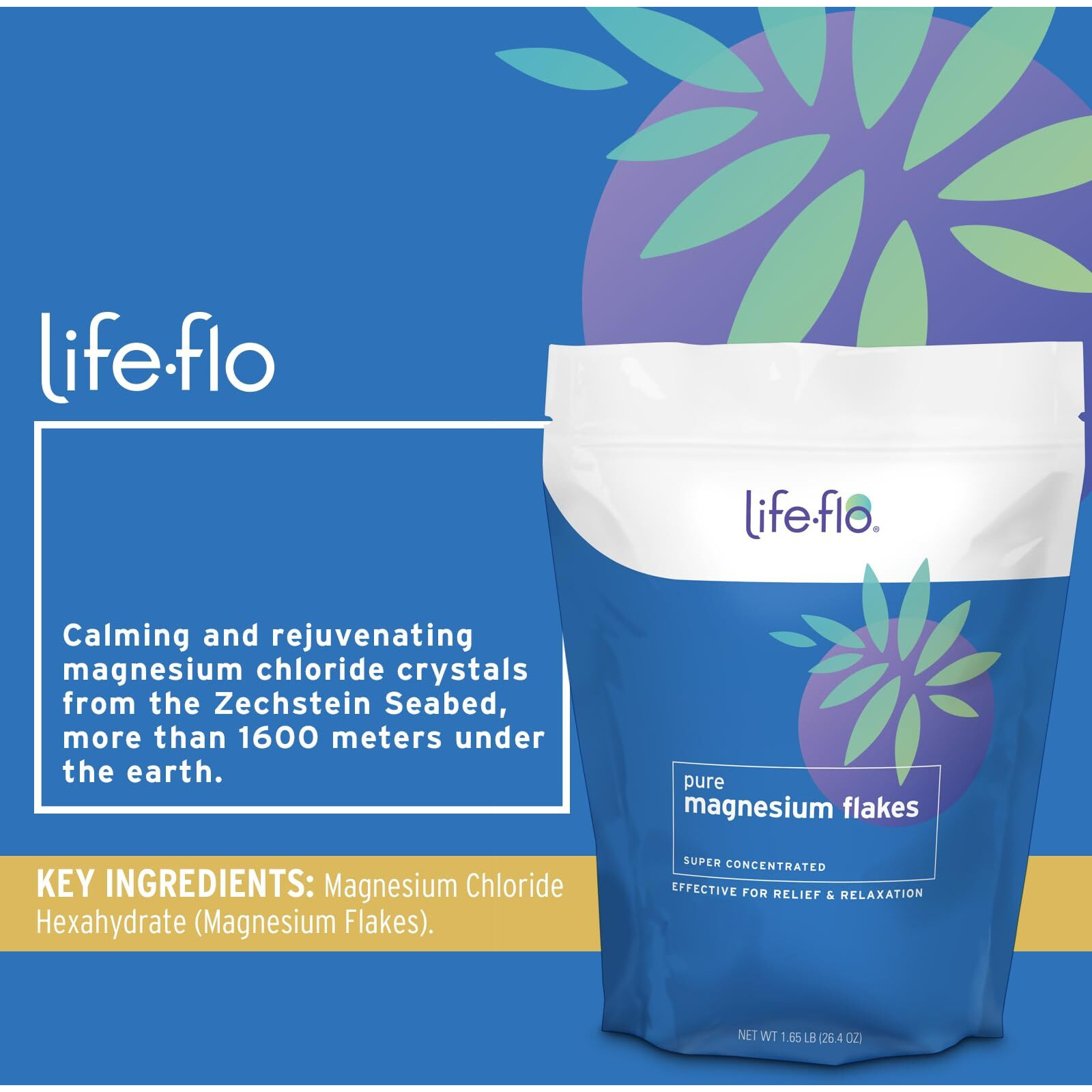 Life-Flo Pure Magnesium Bath Flakes - Relaxing Bath Soak - Concentrated Magnesium Chloride Flakes From The Zechstein Seabed - Relief And Relaxation W/Ancient Trace Minerals - 60-Day Guarantee, 1.65Lb