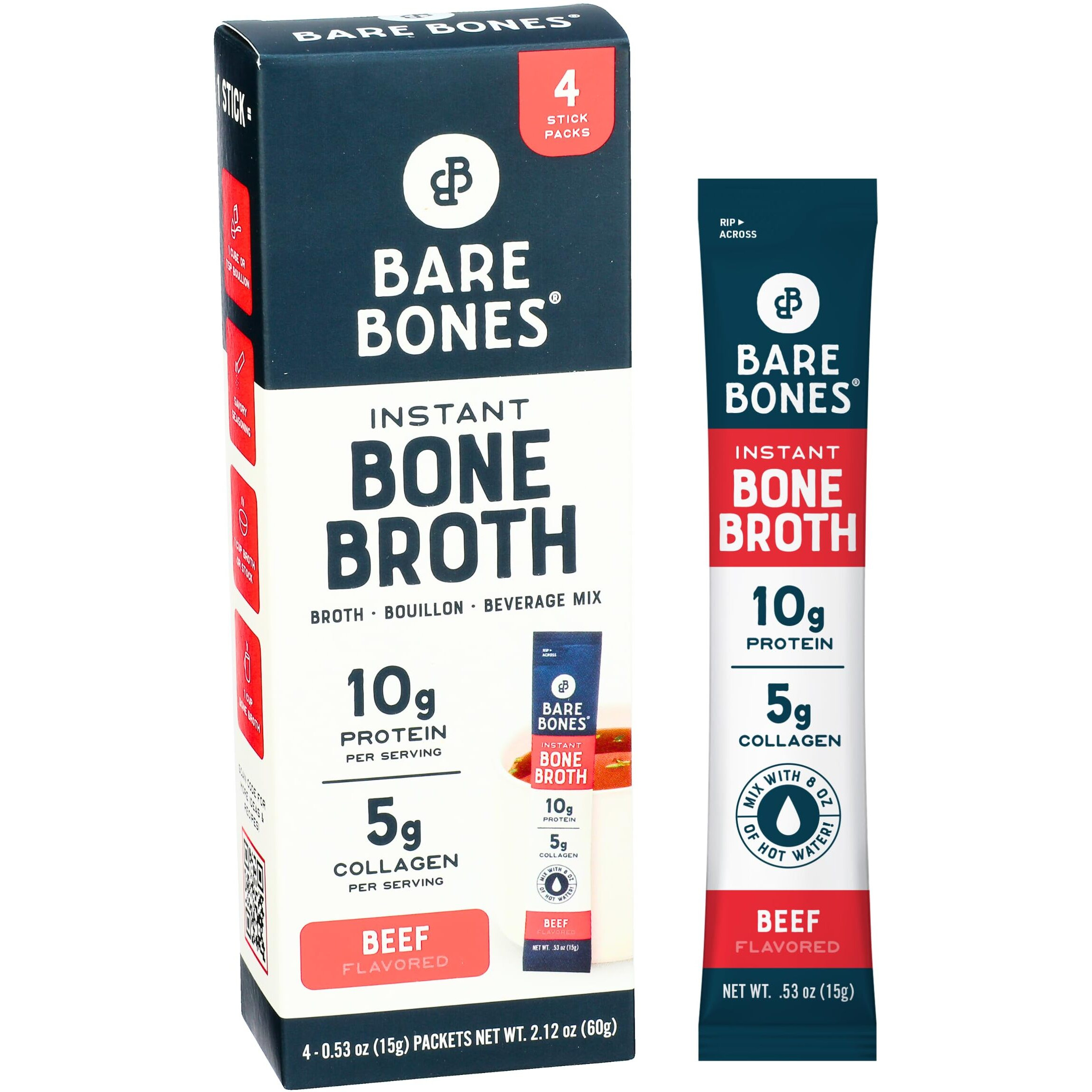 Bare Bones Beef Bone Broth Instant Powdered Mix | Rich Savory Packets On-The-Go No Artificial Flavors | 100% Grass Fed Keto & Paleo Friendly | 10G Protein | 4 Pack