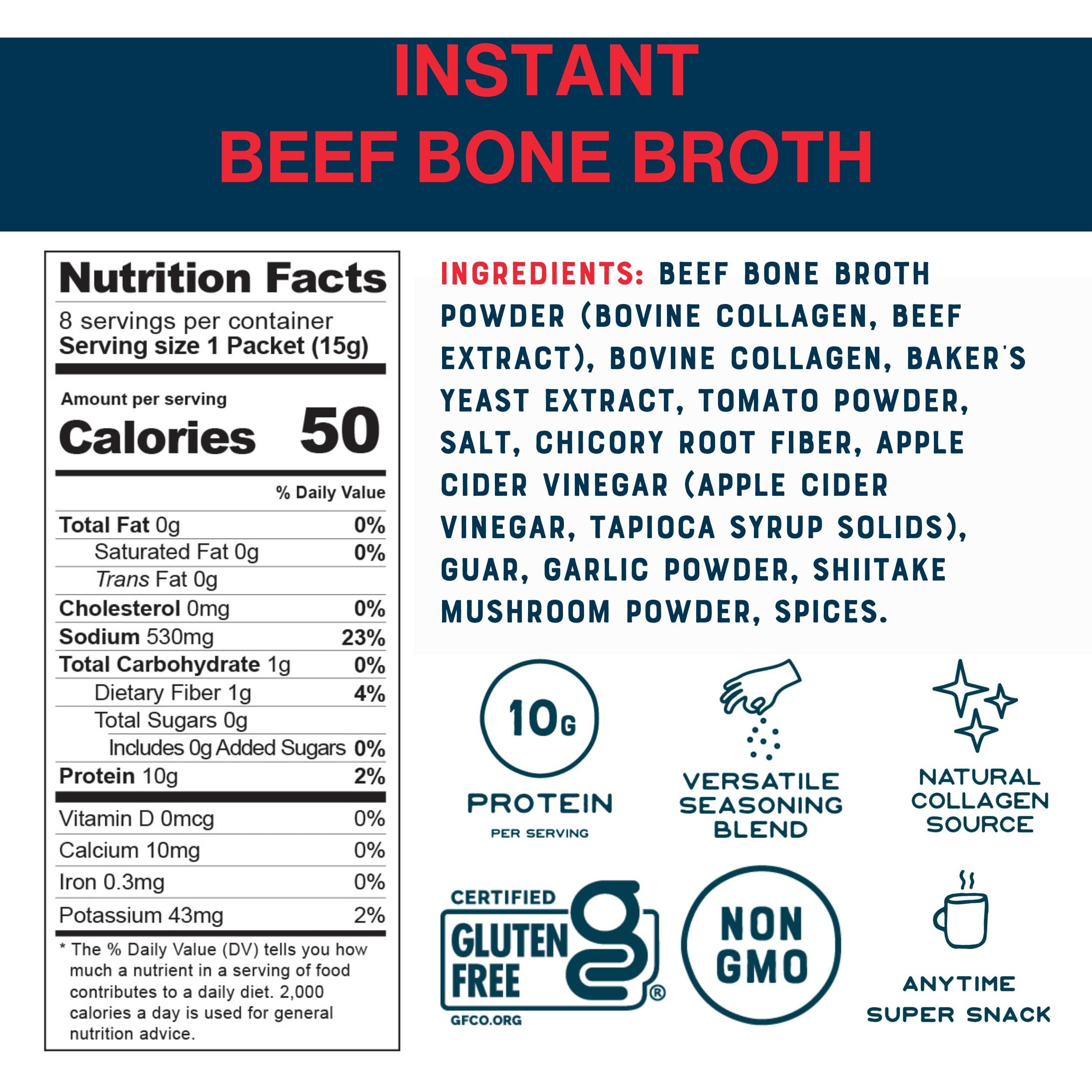 Bare Bones Beef Bone Broth Instant Powdered Mix | Rich Savory Packets On-The-Go No Artificial Flavors | 100% Grass Fed Keto & Paleo Friendly | 10G Protein | 4 Pack