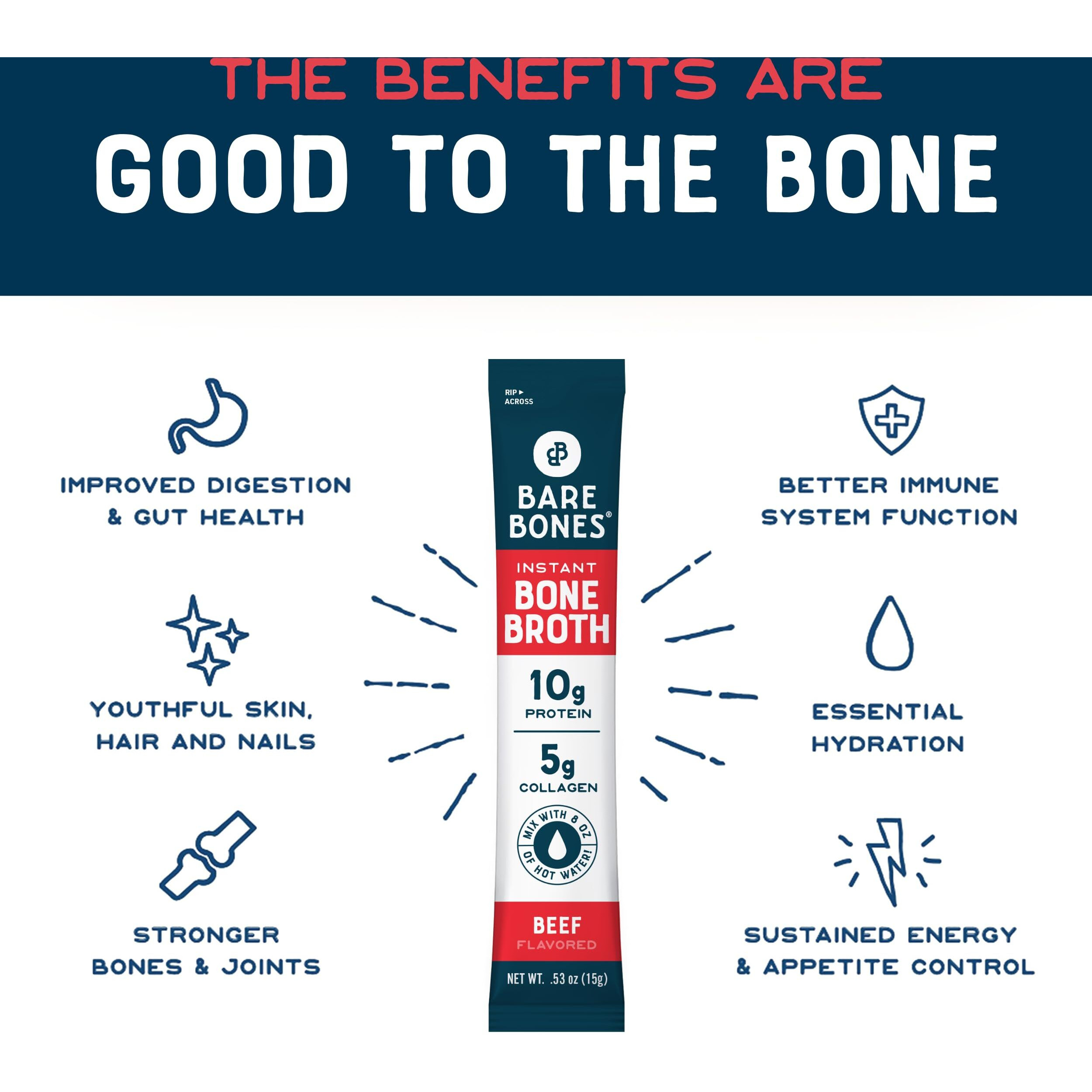 Bare Bones Beef Bone Broth Instant Powdered Mix | Rich Savory Packets On-The-Go No Artificial Flavors | 100% Grass Fed Keto & Paleo Friendly | 10G Protein | 4 Pack