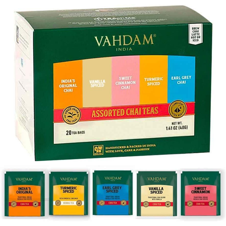 Vahdam, Assorted Chai Tea Bags Sampler (5 Flavors, 20 Ecofriendly Pyramid Tea Bags) I Valentines Day Gift Ideas For Women & Men | Masala Chai Tea Varieties From India | Gluten Free & Non Gmo