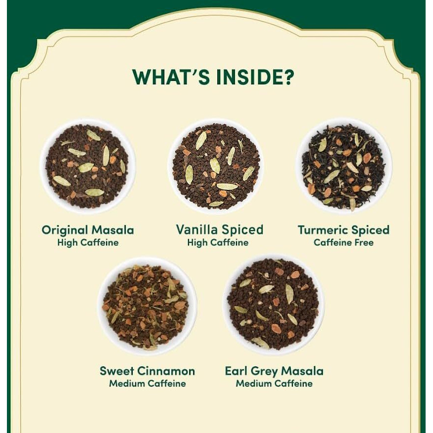 Vahdam, Assorted Chai Tea Bags Sampler (5 Flavors, 20 Ecofriendly Pyramid Tea Bags) I Valentines Day Gift Ideas For Women & Men | Masala Chai Tea Varieties From India | Gluten Free & Non Gmo