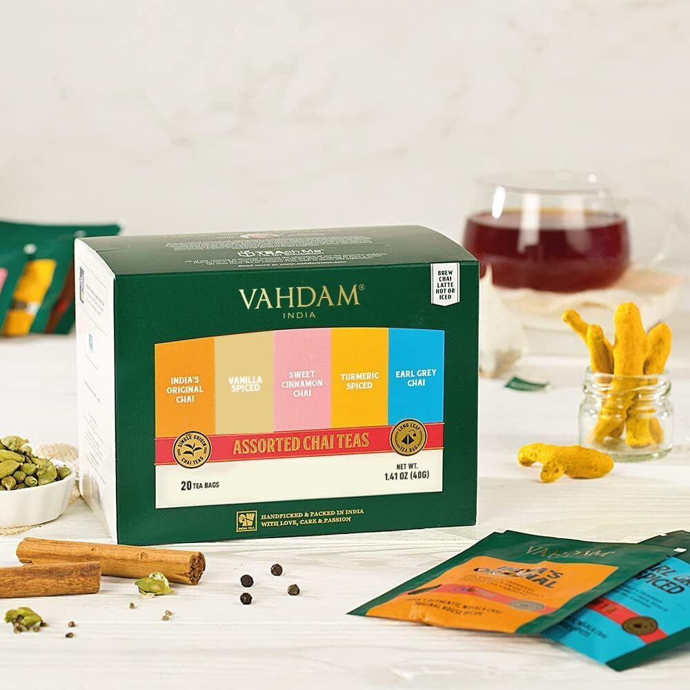 Vahdam, Assorted Chai Tea Bags Sampler (5 Flavors, 20 Ecofriendly Pyramid Tea Bags) I Valentines Day Gift Ideas For Women & Men | Masala Chai Tea Varieties From India | Gluten Free & Non Gmo