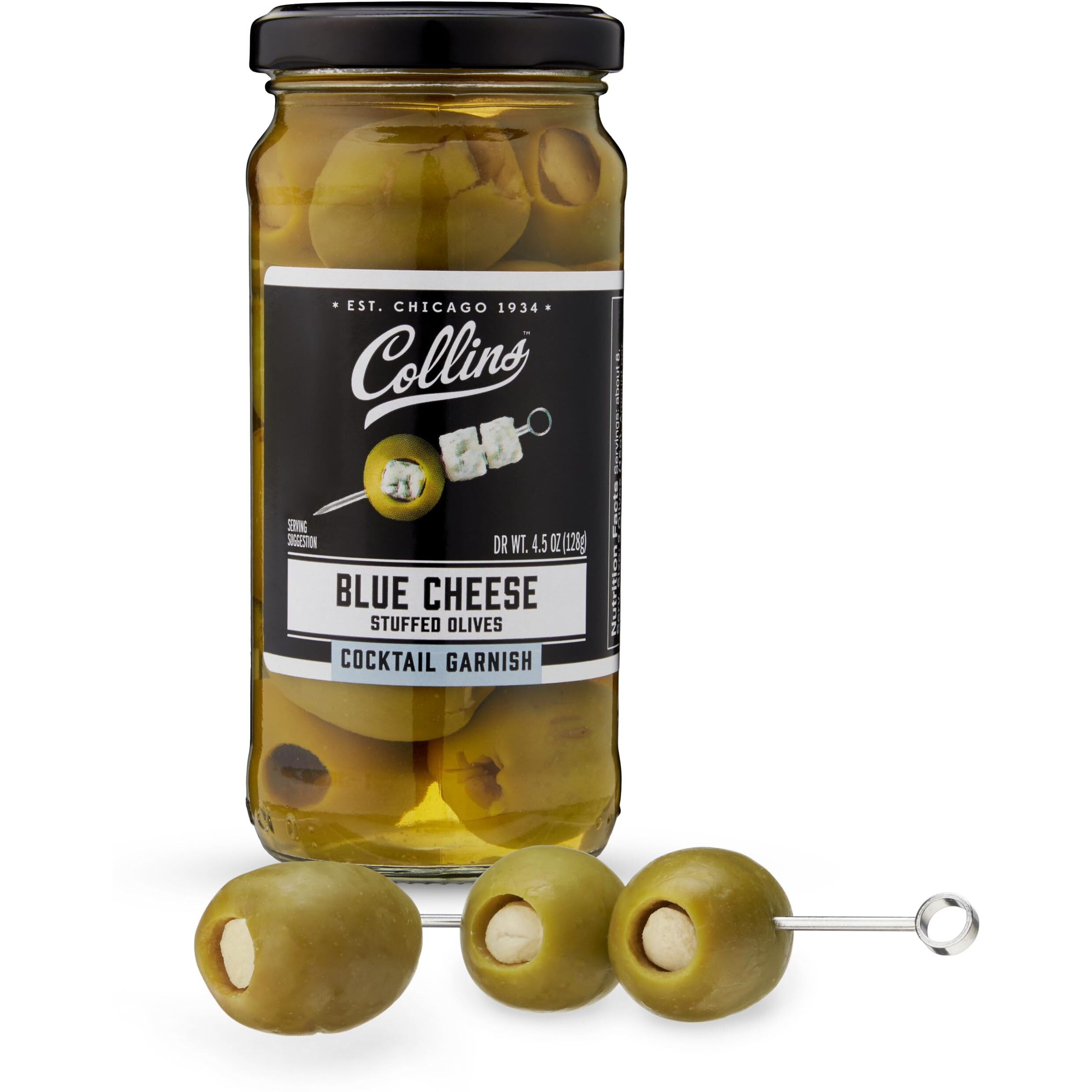 Collins Gourmet Blue Cheese Olives, Premium Stuffed-Cheese Garnish For Cocktails, Martinis, Bloody Marys, Snack Trays, Charcuterie, And Salads, Condiment Olives, 4.5 Oz