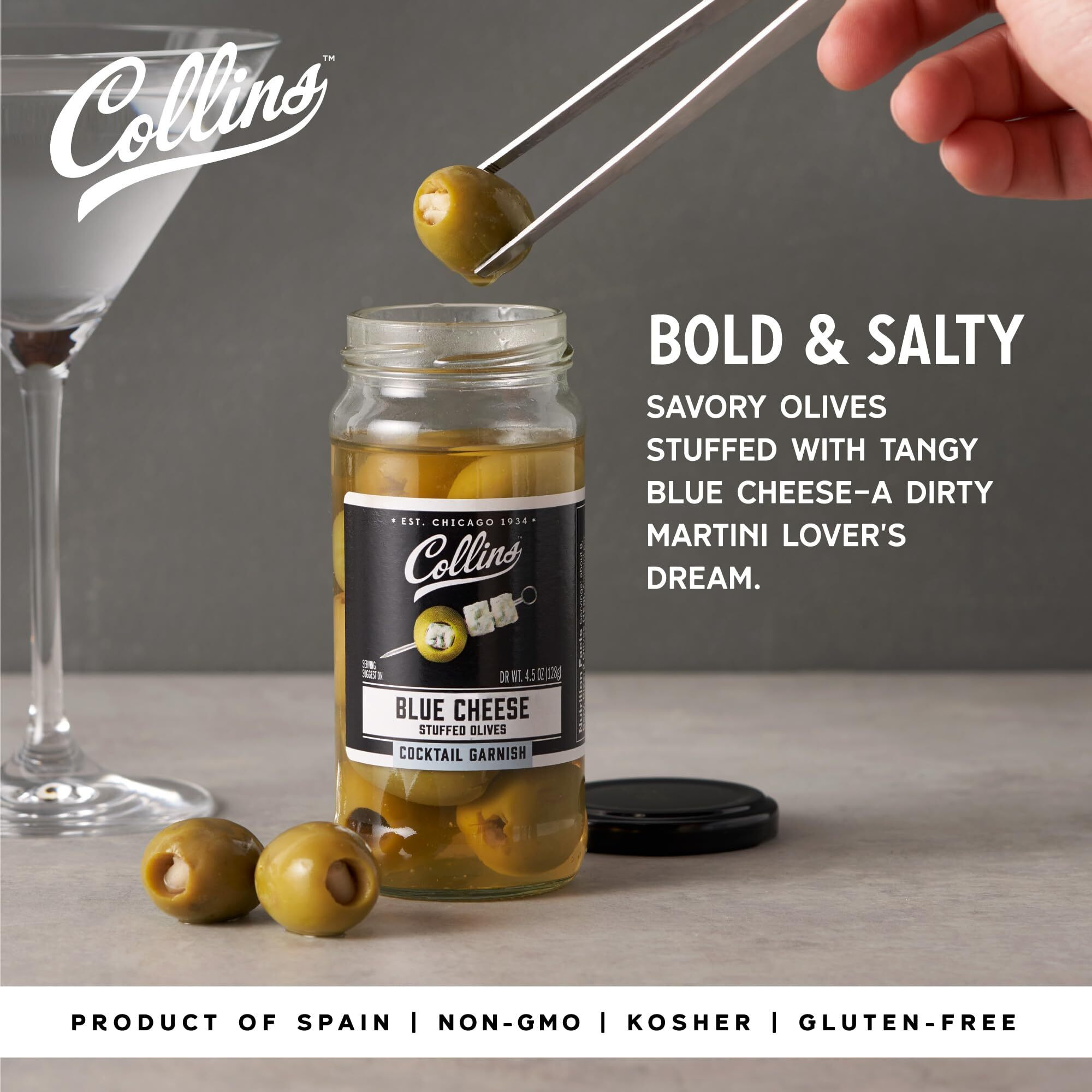 Collins Gourmet Blue Cheese Olives, Premium Stuffed-Cheese Garnish For Cocktails, Martinis, Bloody Marys, Snack Trays, Charcuterie, And Salads, Condiment Olives, 4.5 Oz