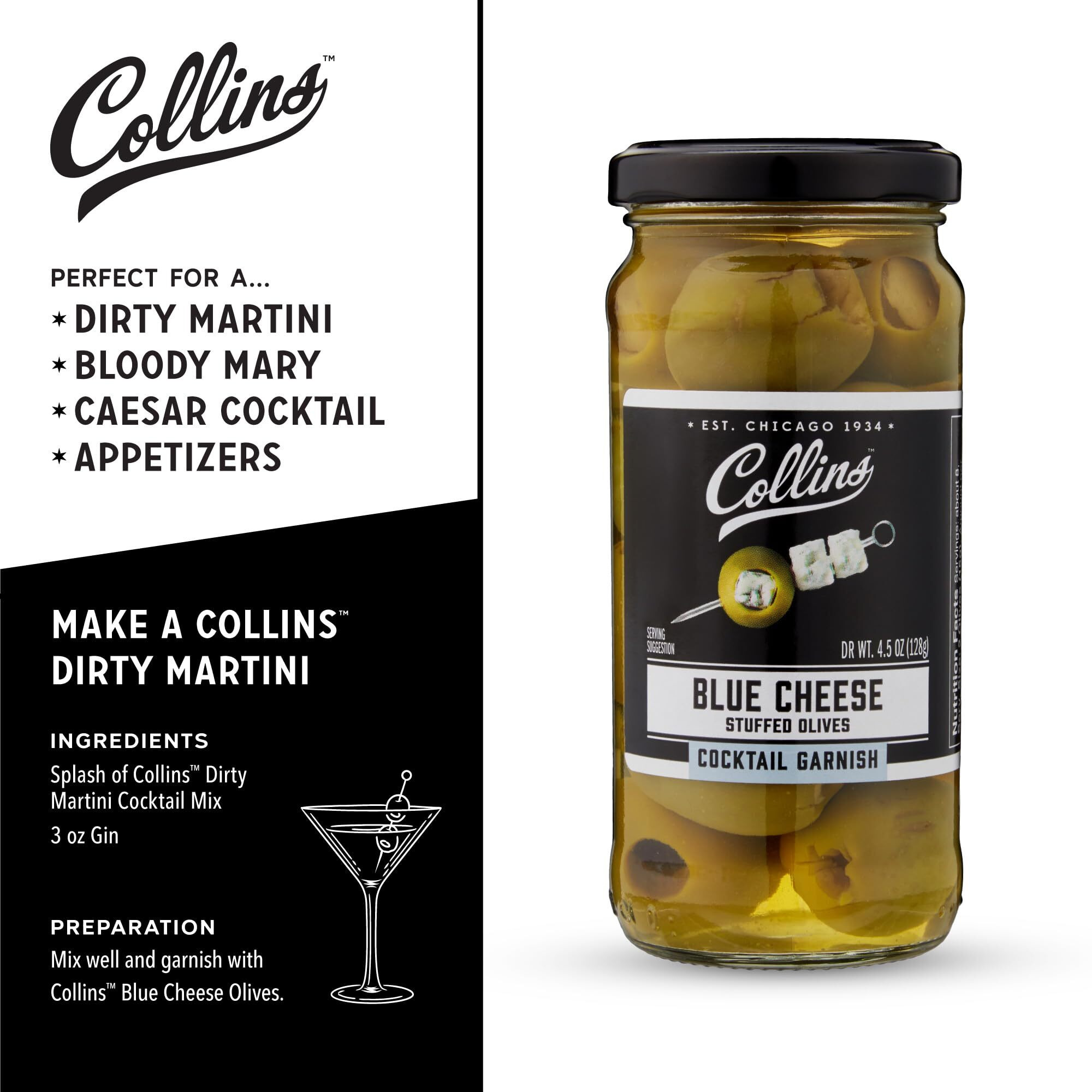 Collins Gourmet Blue Cheese Olives, Premium Stuffed-Cheese Garnish For Cocktails, Martinis, Bloody Marys, Snack Trays, Charcuterie, And Salads, Condiment Olives, 4.5 Oz