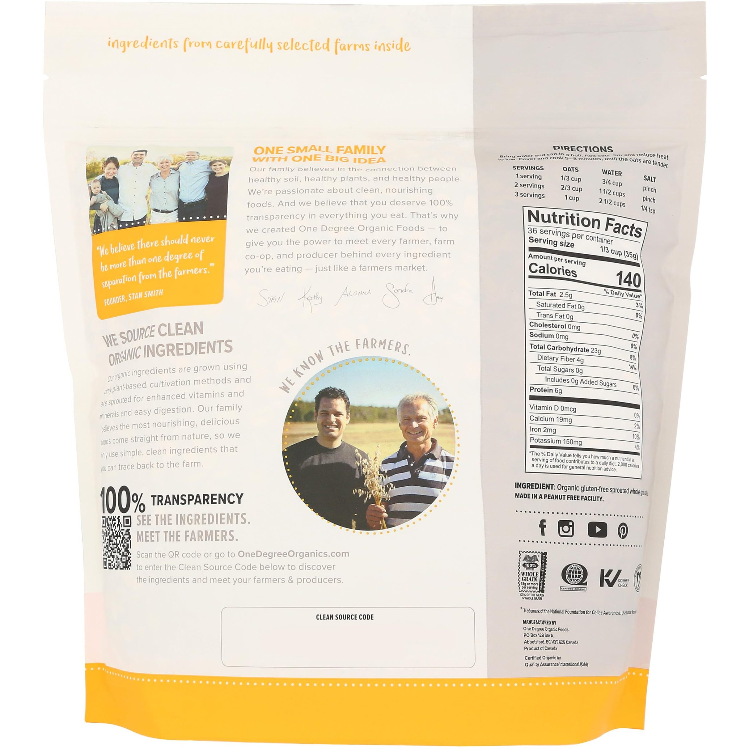 One Degree Organic Foods Organic Sprouted Rolled Oats, 45 Oz