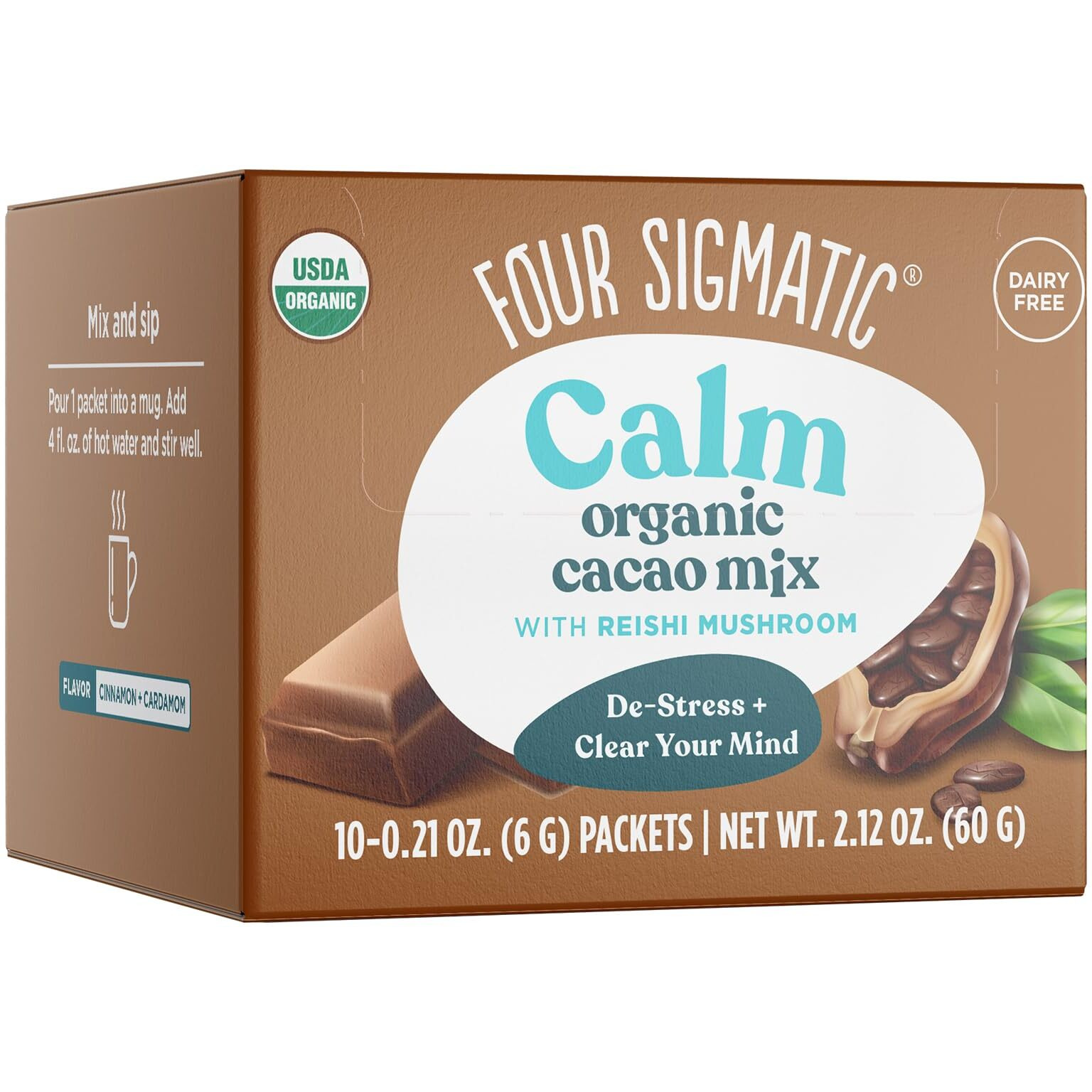 Four Sigmatic Calm Mushroom Cacao Mix | Organic Instant Cacao With Organic Reishi Mushroom Powder | Supports Calm & Relaxation | Drink It Or Bake With It | Vegan, Gluten-Free, Dairy-Free | 10 Count