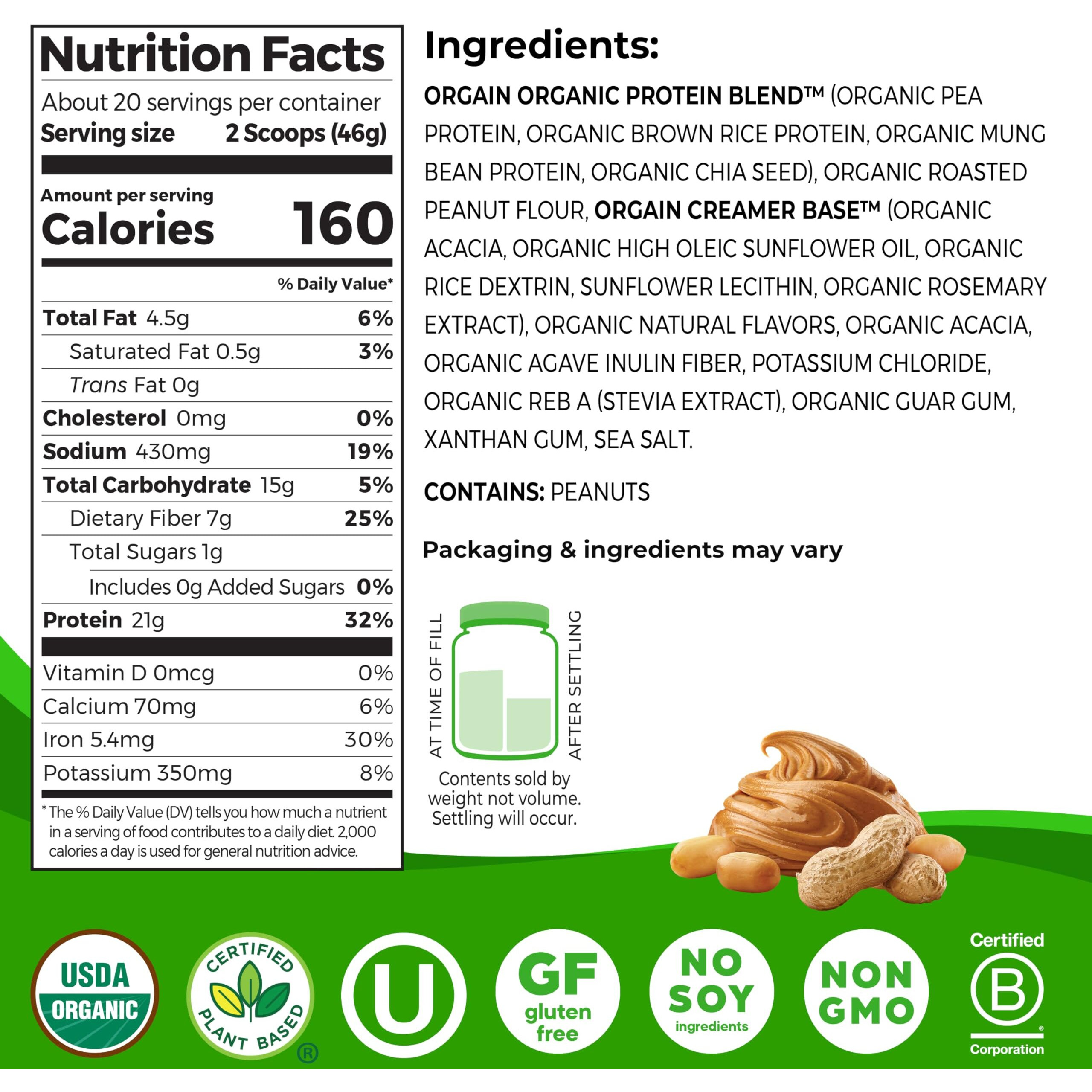 Orgain Organic Vegan Protein Powder, Peanut Butter - 21G Plant Based Protein, 7G Prebiotic Fiber, No Lactose Ingredients, No Added Sugar, Non-Gmo, For Shakes & Smoothies, 2.03 Lb (Packaging May Vary)