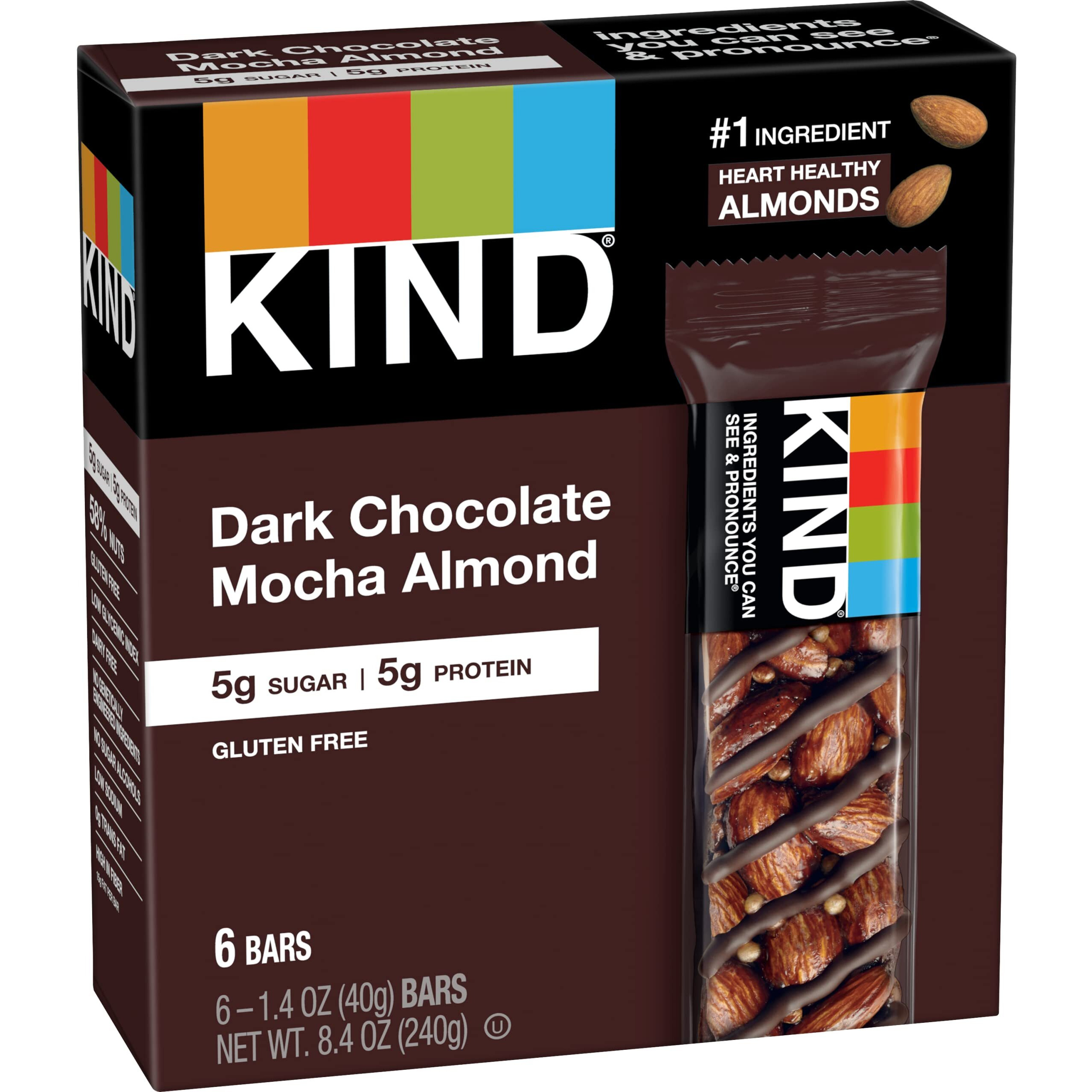 Kind Nut Bars, Dark Chocolate Mocha Almond, Gluten Free, Low Sugar, 5G Protein, 6 Count