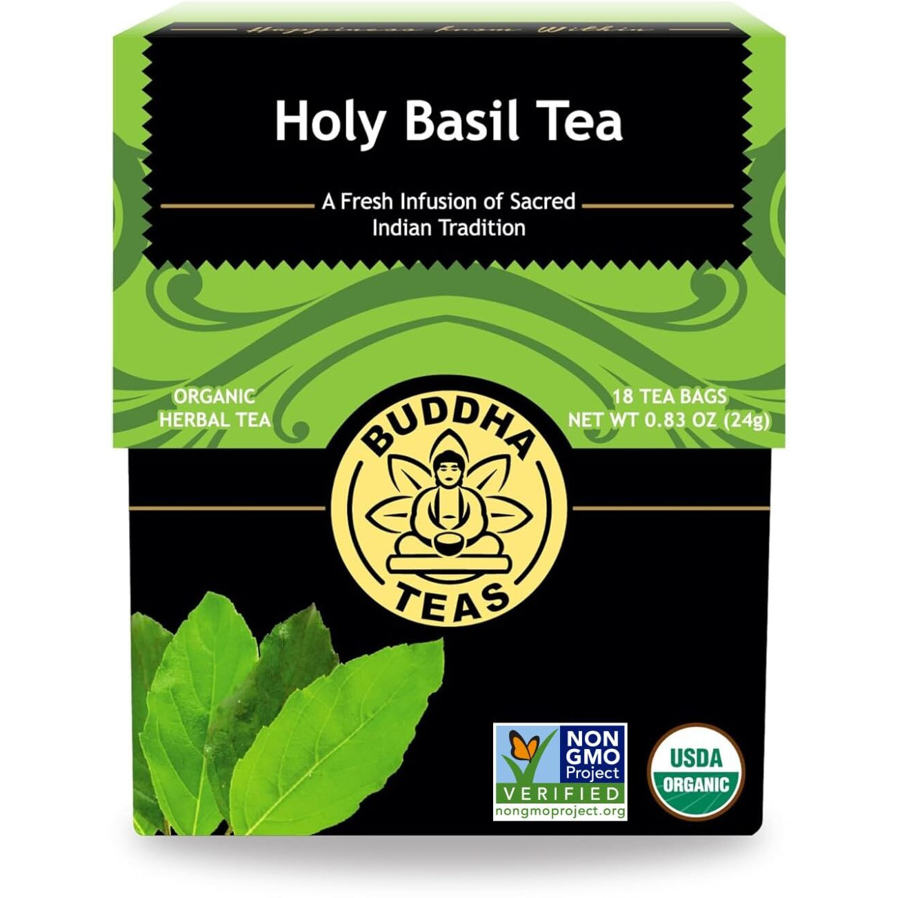 Buddha Teas - Holy Basil - Organic Herbal Tea - For Cognitive Balance & Overall Health - Ayurvedic Tulsi - With Antioxidants - Caffeine Free - 100% Kosher & Non-Gmo - 18 Tea Bags (Pack Of 1)