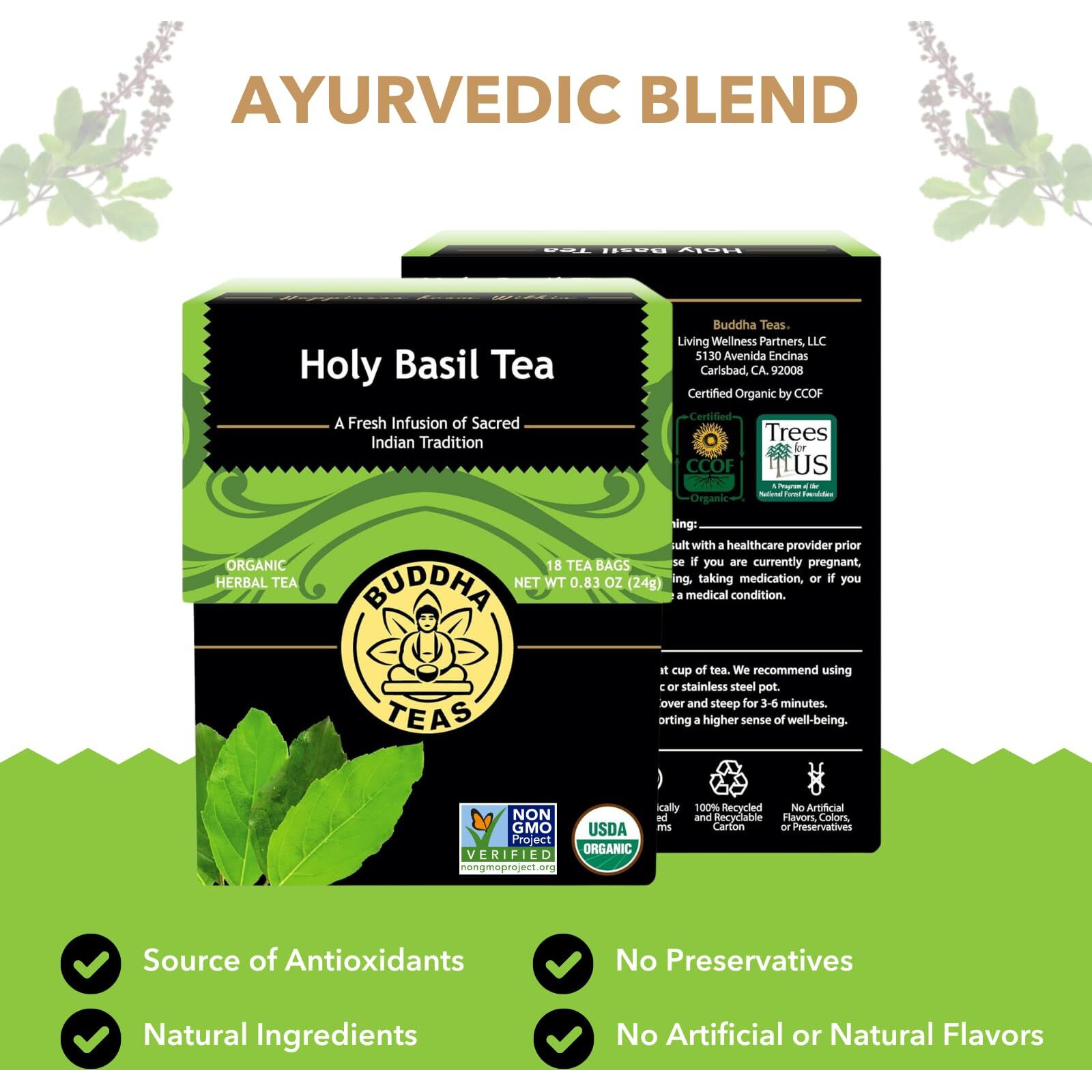Buddha Teas - Holy Basil - Organic Herbal Tea - For Cognitive Balance & Overall Health - Ayurvedic Tulsi - With Antioxidants - Caffeine Free - 100% Kosher & Non-Gmo - 18 Tea Bags (Pack Of 1)