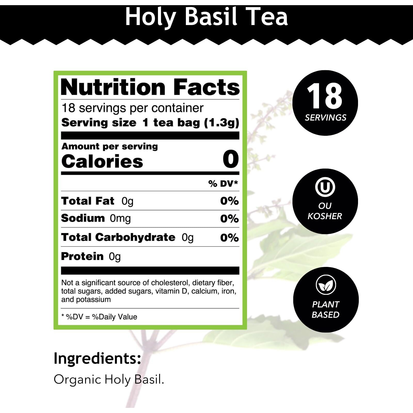 Buddha Teas - Holy Basil - Organic Herbal Tea - For Cognitive Balance & Overall Health - Ayurvedic Tulsi - With Antioxidants - Caffeine Free - 100% Kosher & Non-Gmo - 18 Tea Bags (Pack Of 1)