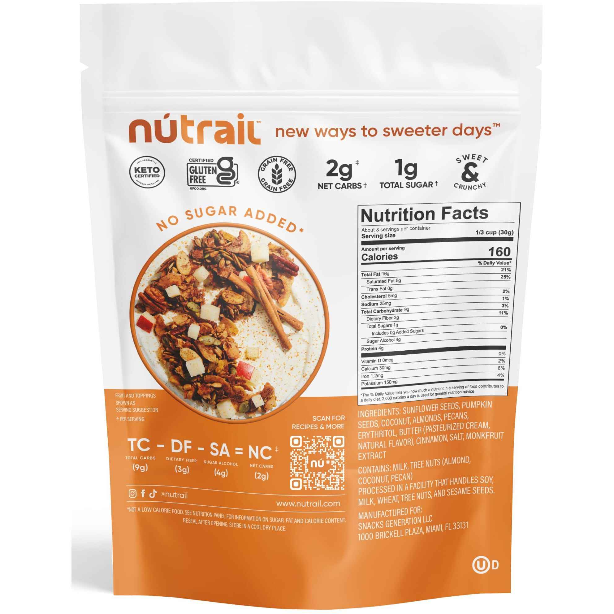 Nutrail Nut Granola Cereal, Cinnamon Pecan, No Sugar Added, Gluten Free, Grain Free, Keto, Low Carb, Healthy Breakfast Cereal 8 Ounce (Pack Of 6)