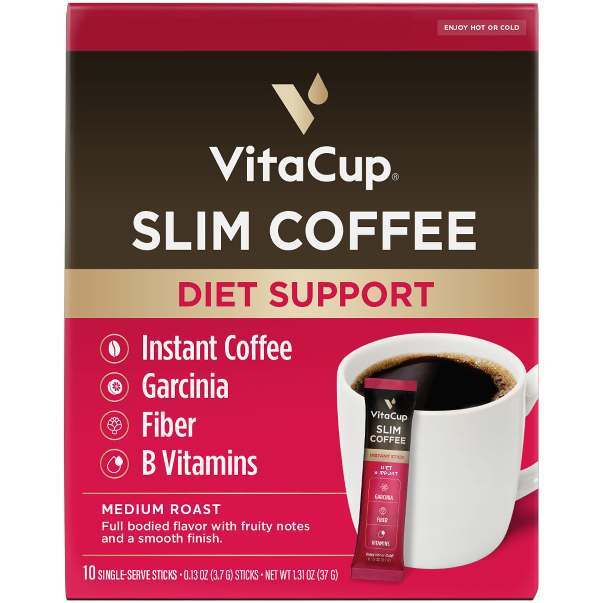Vitacup Slim Instant Coffee Packets, With Garcinia, Fiber, B Vitamins, Bold & Smooth, Medium Dark Roast, 100% Arabica Coffee In Single Serve Sticks, 10 Ct