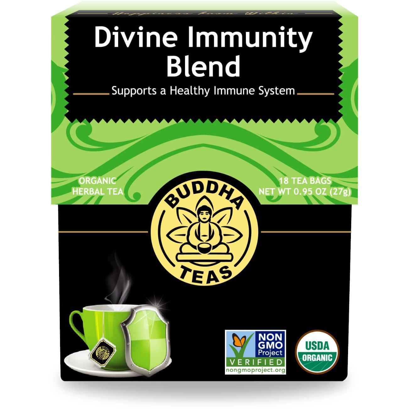 Buddha Teas - Organic Divine Immunity Blend - Herbal Tea - For Health & Wellbeing - With Antioxidants & Minerals - Clean Ingredients - Caffeine Free - Ou Kosher & Non-Gmo - 18 Tea Bags (Pack Of 1)