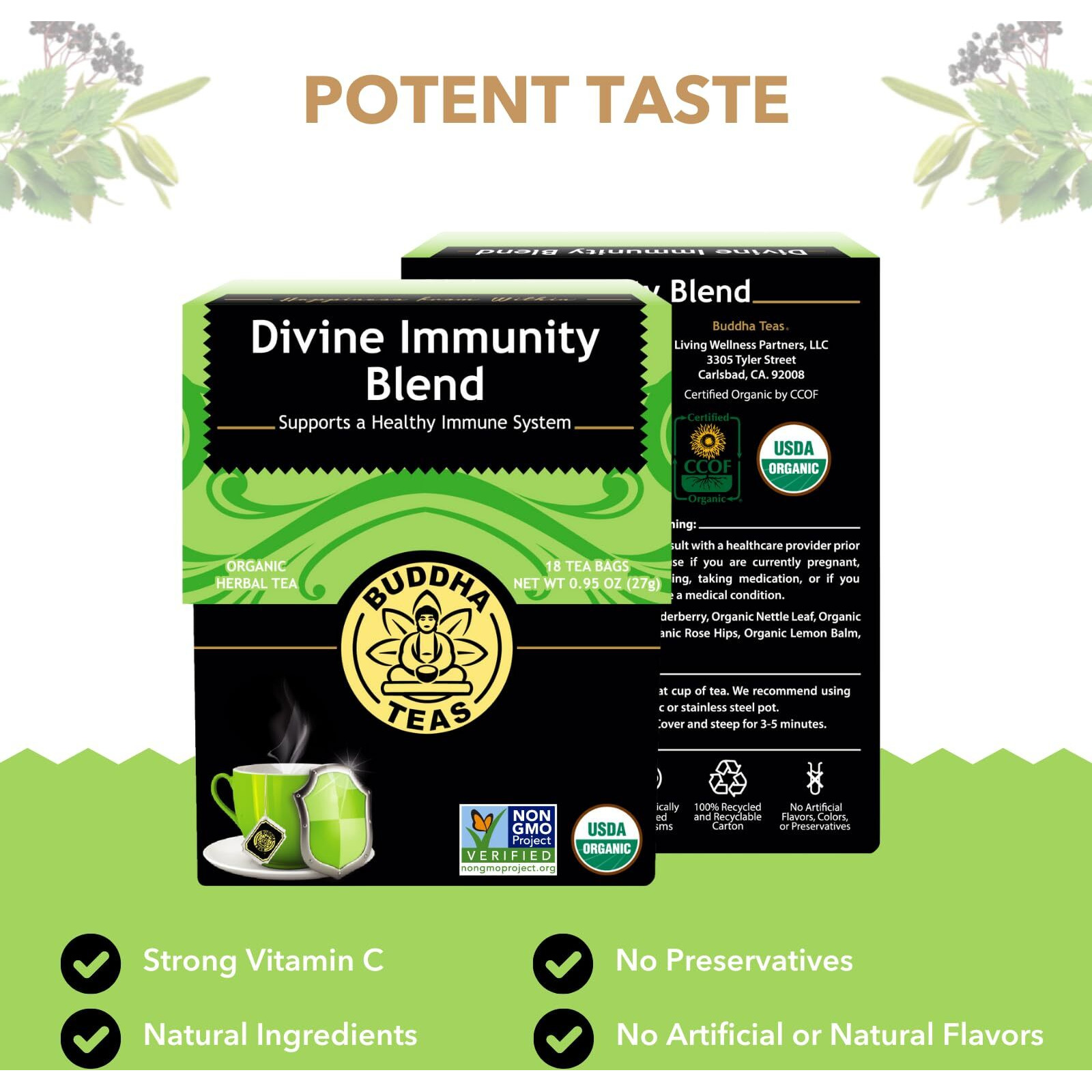 Buddha Teas - Organic Divine Immunity Blend - Herbal Tea - For Health & Wellbeing - With Antioxidants & Minerals - Clean Ingredients - Caffeine Free - Ou Kosher & Non-Gmo - 18 Tea Bags (Pack Of 1)