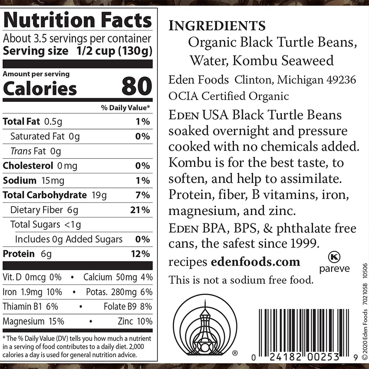 Eden Organic Black Beans No Salt Added 15 Oz (Pack Of 6)