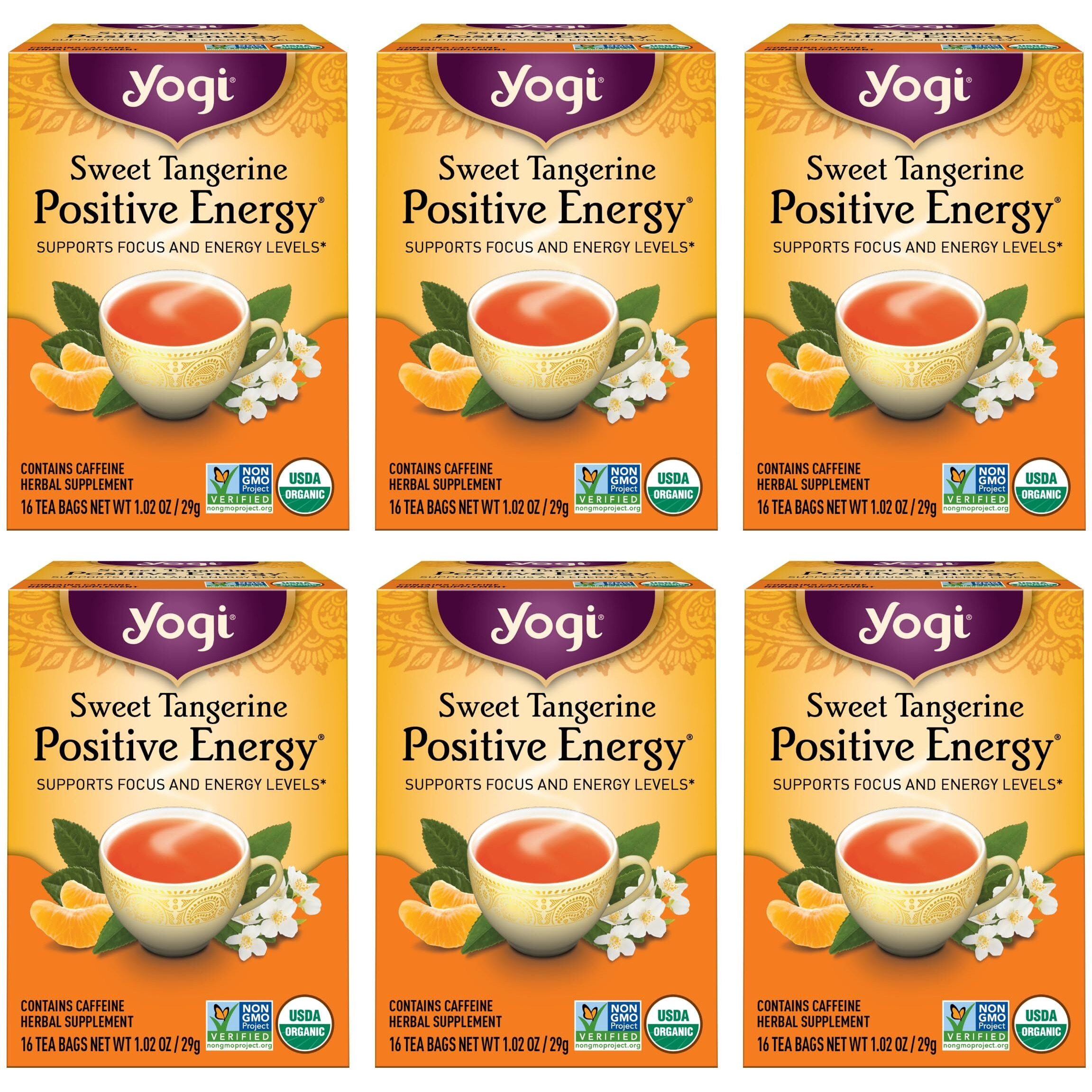 Yogi Sweet Tangerine Positive Energy Tea - 16 Tea Bags Per Pack (6 Packs) - Organic Tangerine Energy Tea - Includes Black Tea Leaf, Yerba Mate Leaf, Ashwagandha Root & More