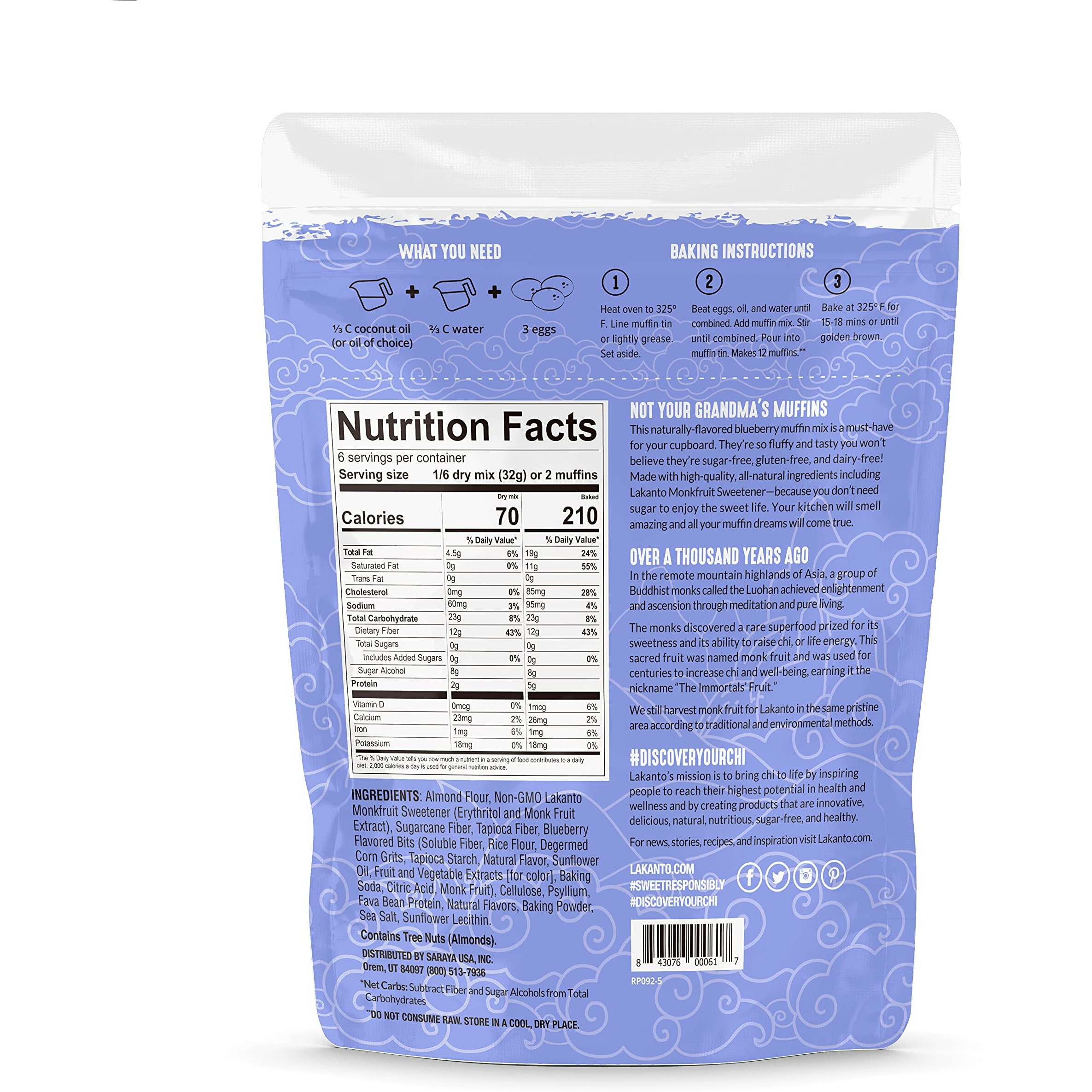 Lakanto Sugar Free Blueberry Muffin Mix - Naturally Flavored, Sweetened With Monk Fruit Sweetener, Keto Diet Friendly, 3 Net Carbs, Gluten Free, Breakfast Food, Delicious, Easy To Make (12 Servings)