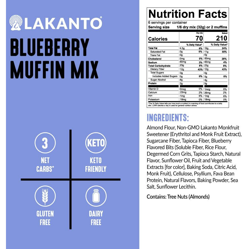 Lakanto Sugar Free Blueberry Muffin Mix - Naturally Flavored, Sweetened With Monk Fruit Sweetener, Keto Diet Friendly, 3 Net Carbs, Gluten Free, Breakfast Food, Delicious, Easy To Make (12 Servings)