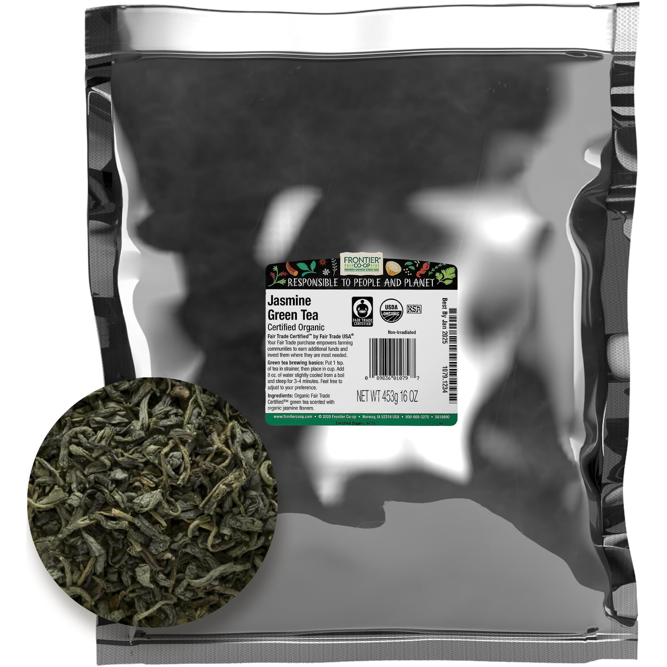 Frontier Co-Op Organic Fair Trade Jasmine Green Tea, 1-Pound Bulk, Delicate Loose Leaf Green Tea, Floral, Dry & Medium Bodied