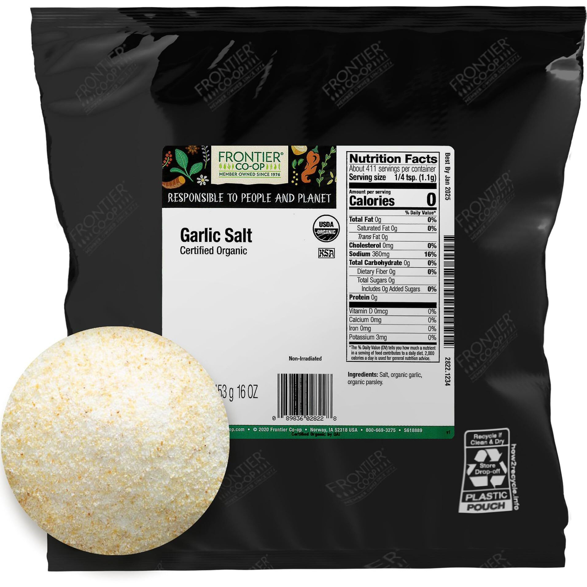 Frontier Co-Op Organic Garlic Salt With Parsley, 1Lb Bulk Bag - Coarse Grind, Natural Garlic Salt Seasoning For Meat, Vegetables, Soups & More, Kosher